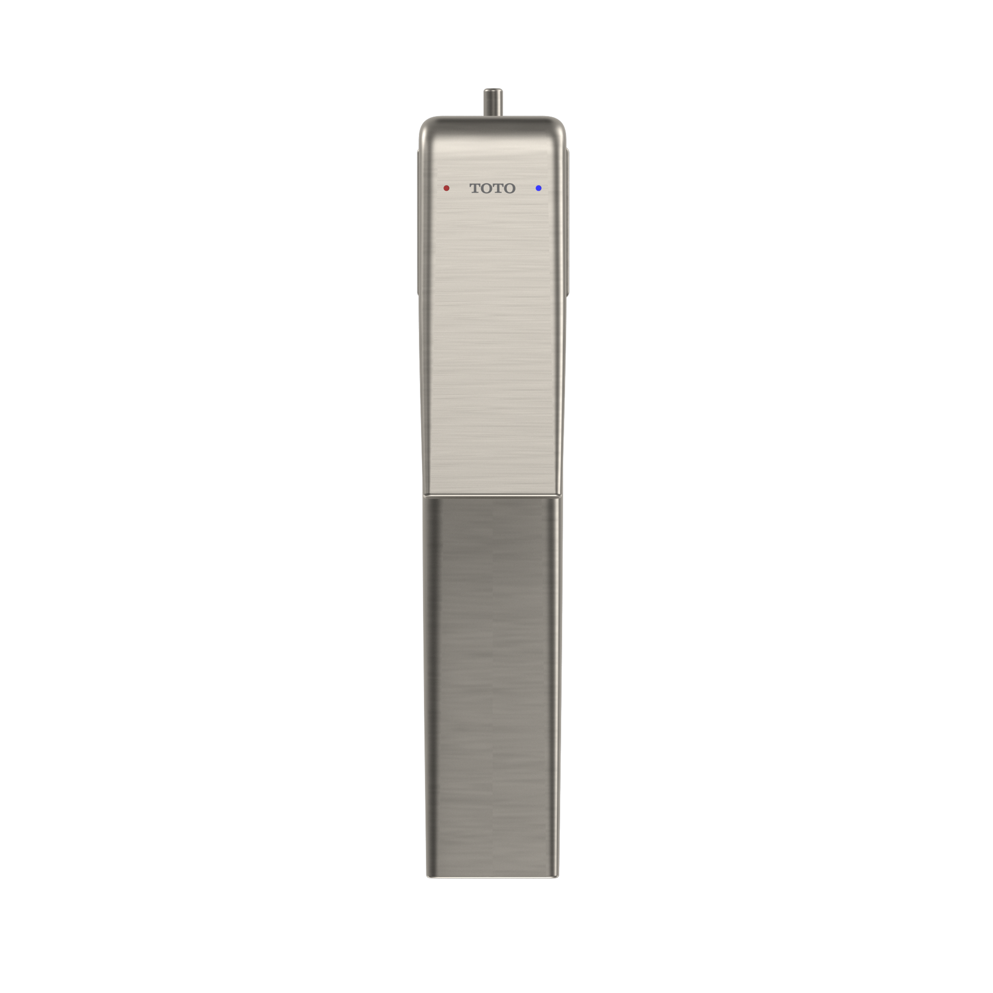 Brushed nickel single-handle vessel bathroom sink faucet with tall rectangular body and vertical spout.