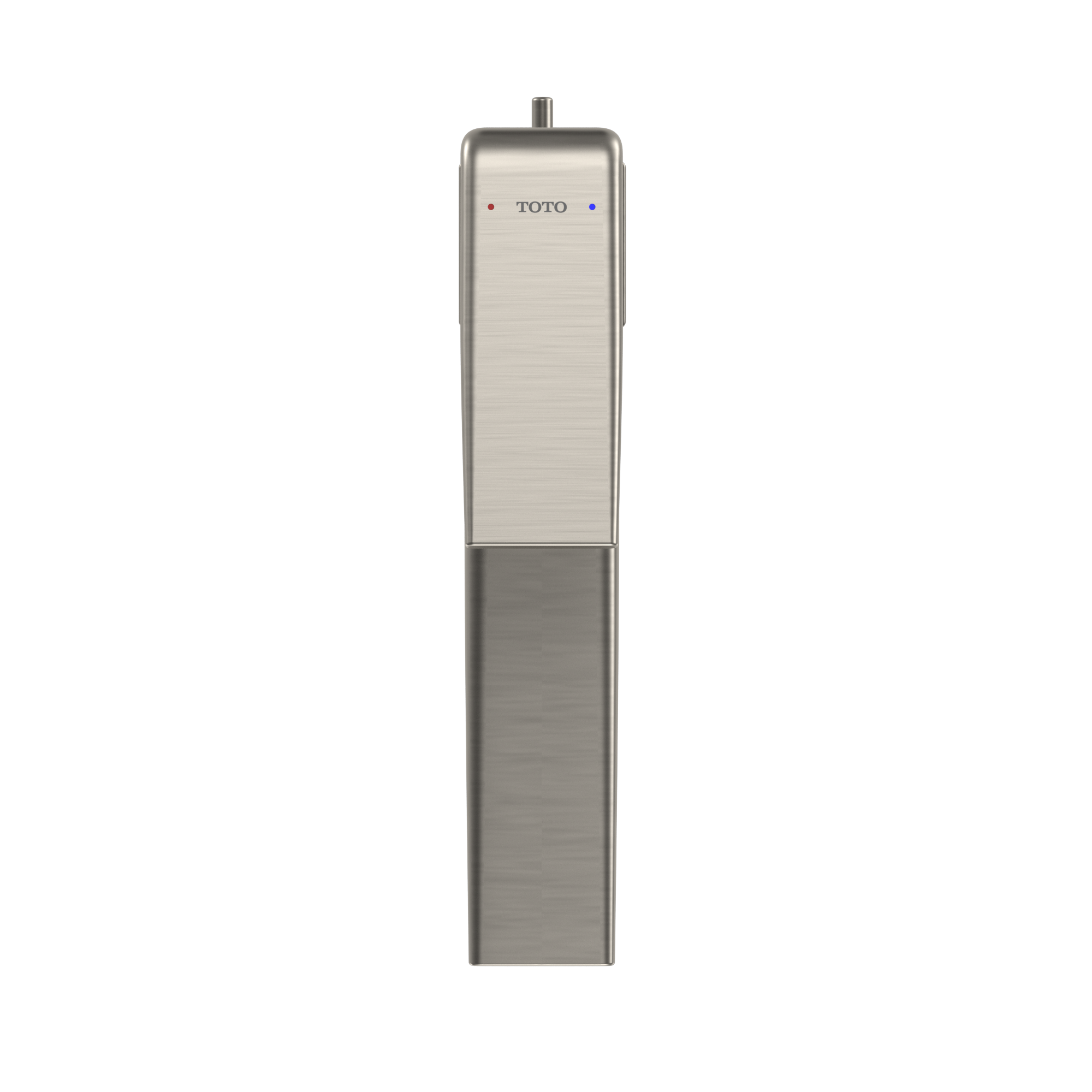 Brushed nickel single-handle vessel bathroom sink faucet with tall rectangular body and vertical spout.