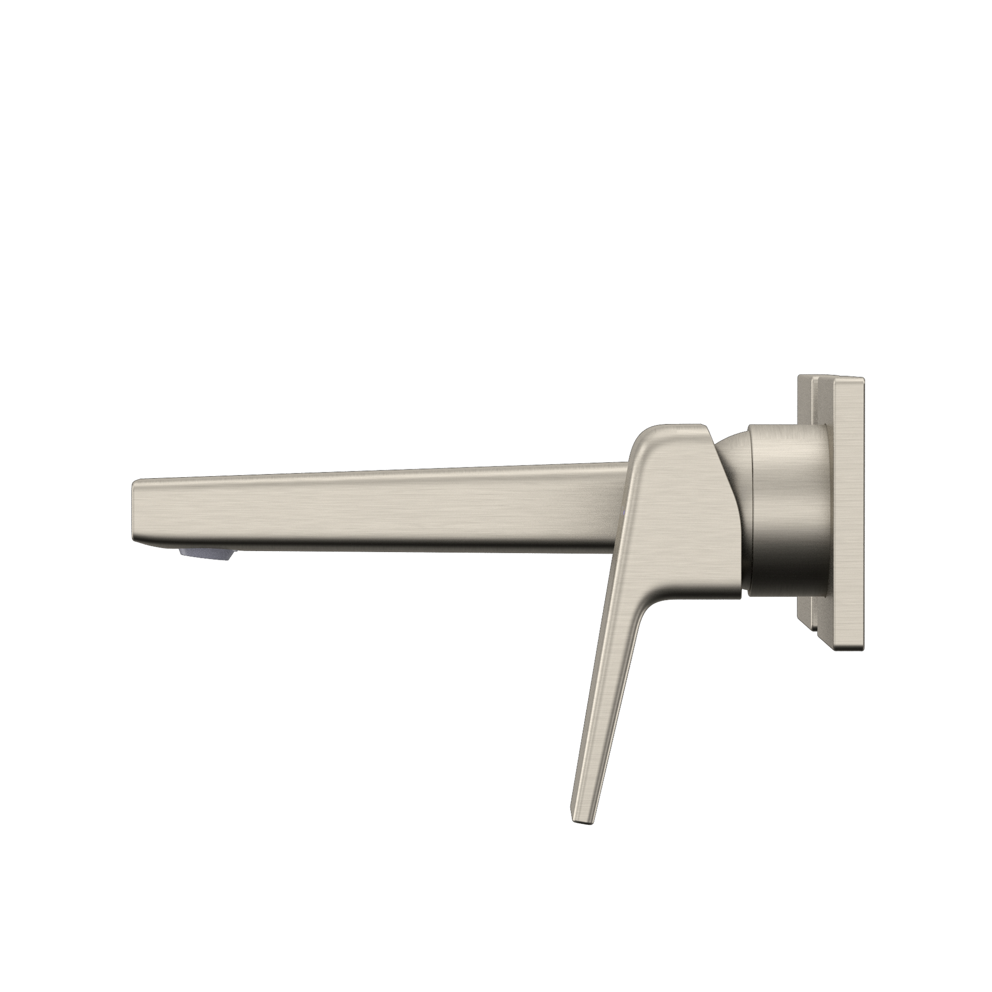 Brushed nickel wall-mount bathroom faucet with single lever handle and straight spout.