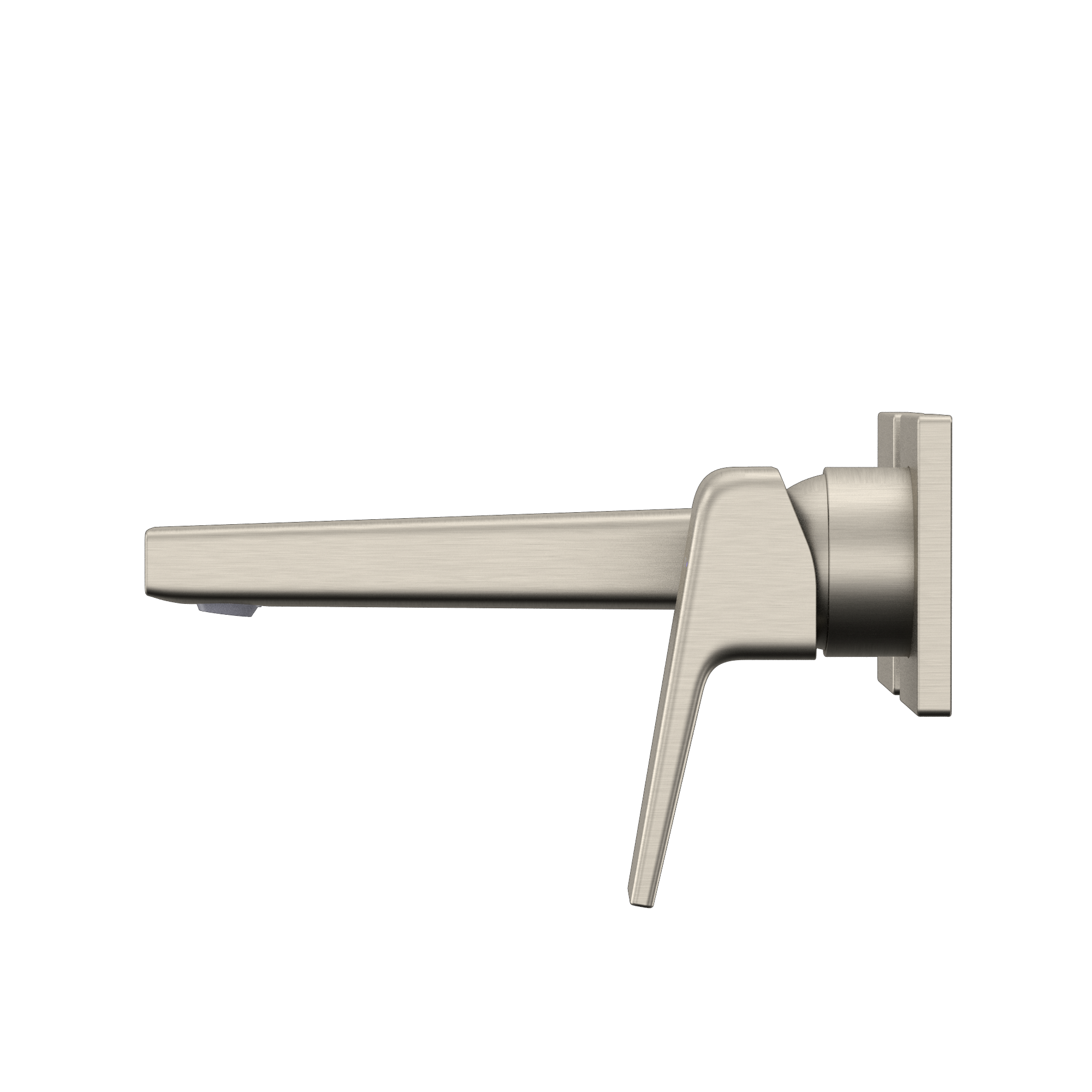 Brushed nickel wall-mount bathroom faucet with single lever handle and straight spout.