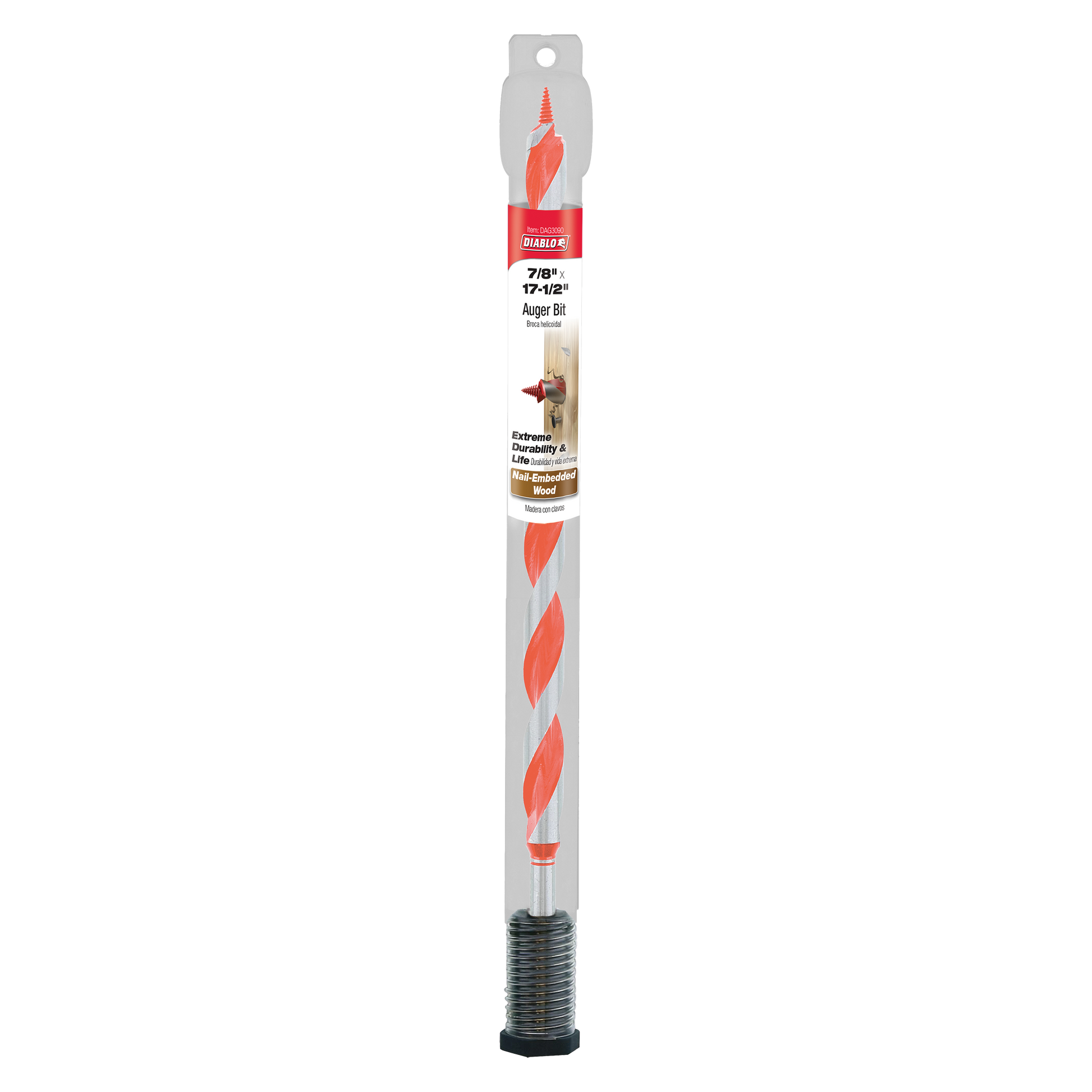 Diablo 7/8 in. x 17-1/2 in. auger bit with red flutes and threaded shank on packaging card.