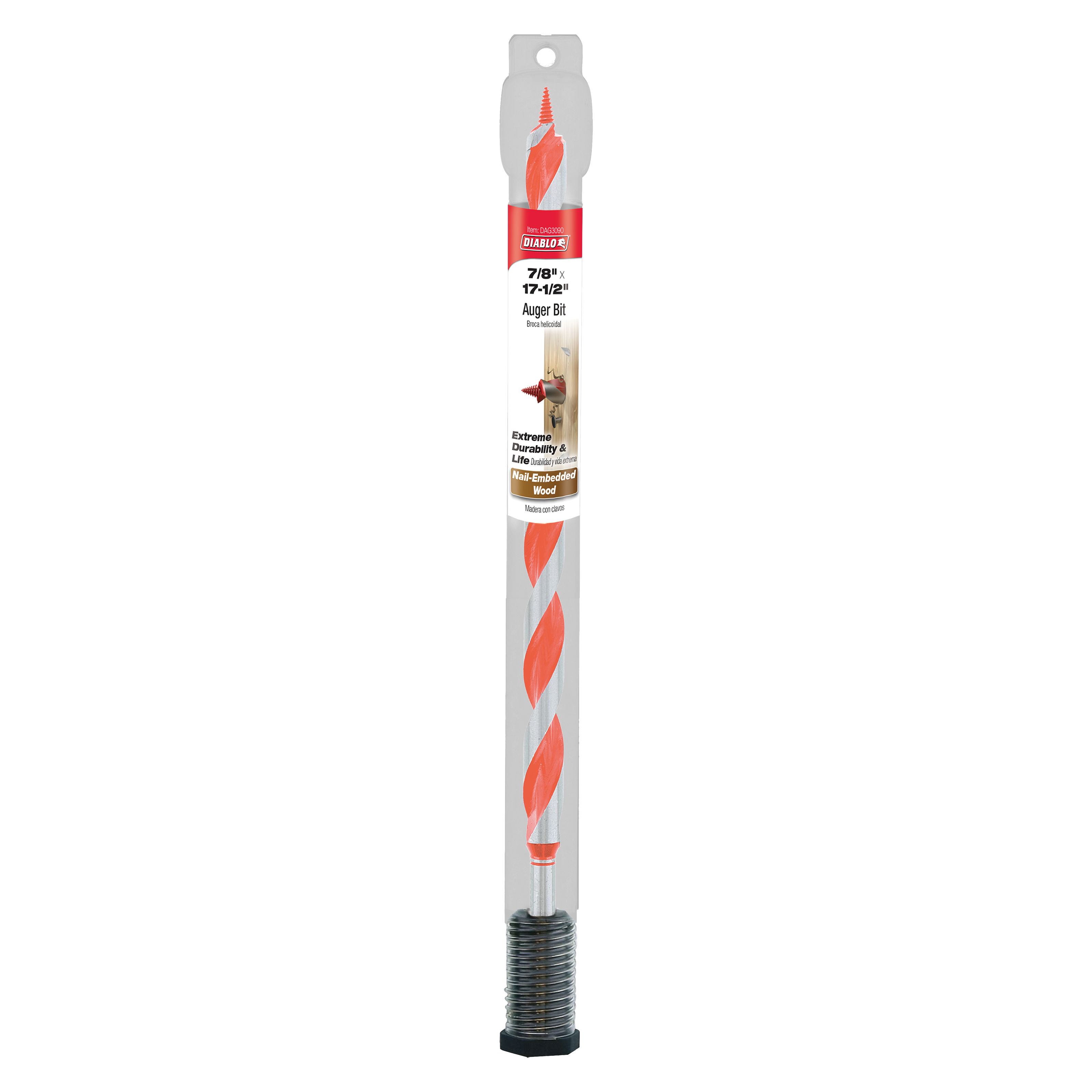 Diablo 7/8 in. x 17-1/2 in. auger bit with red flutes and threaded shank on packaging card.