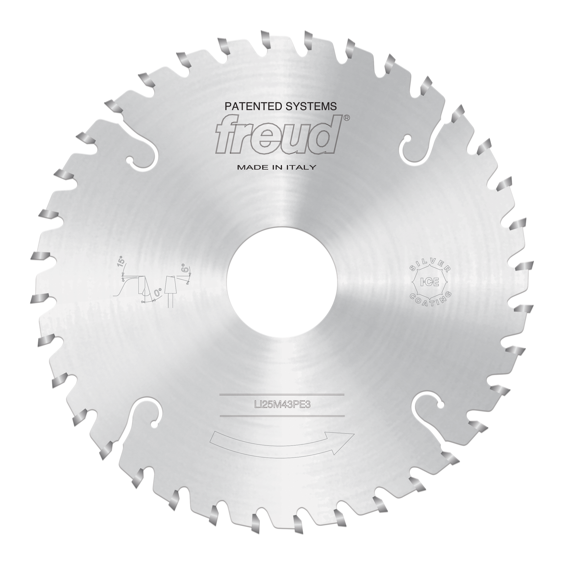 Silver circular saw blade with conical scoring teeth around the edge and central arbor hole.