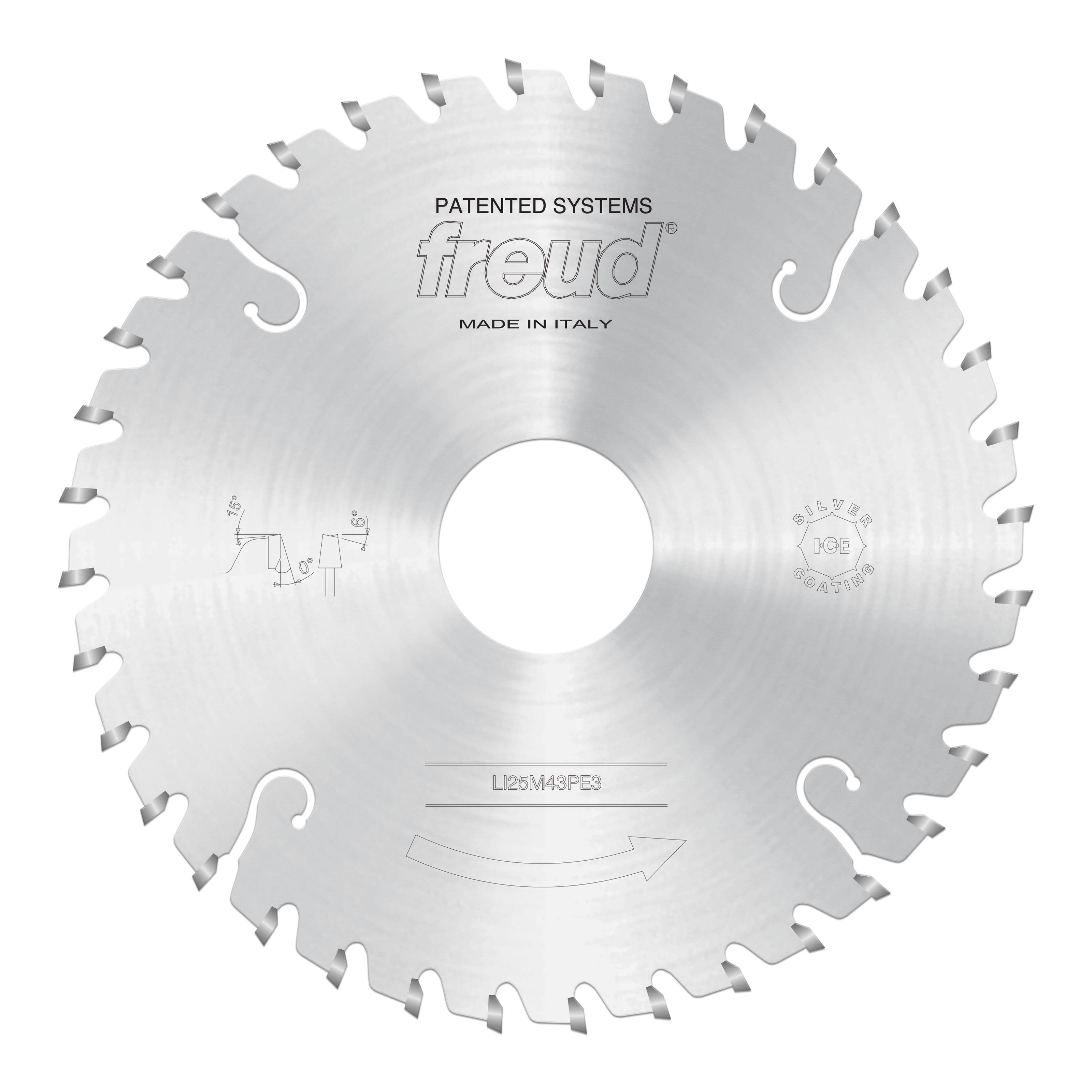 Silver circular saw blade with conical scoring teeth around the edge and central arbor hole.