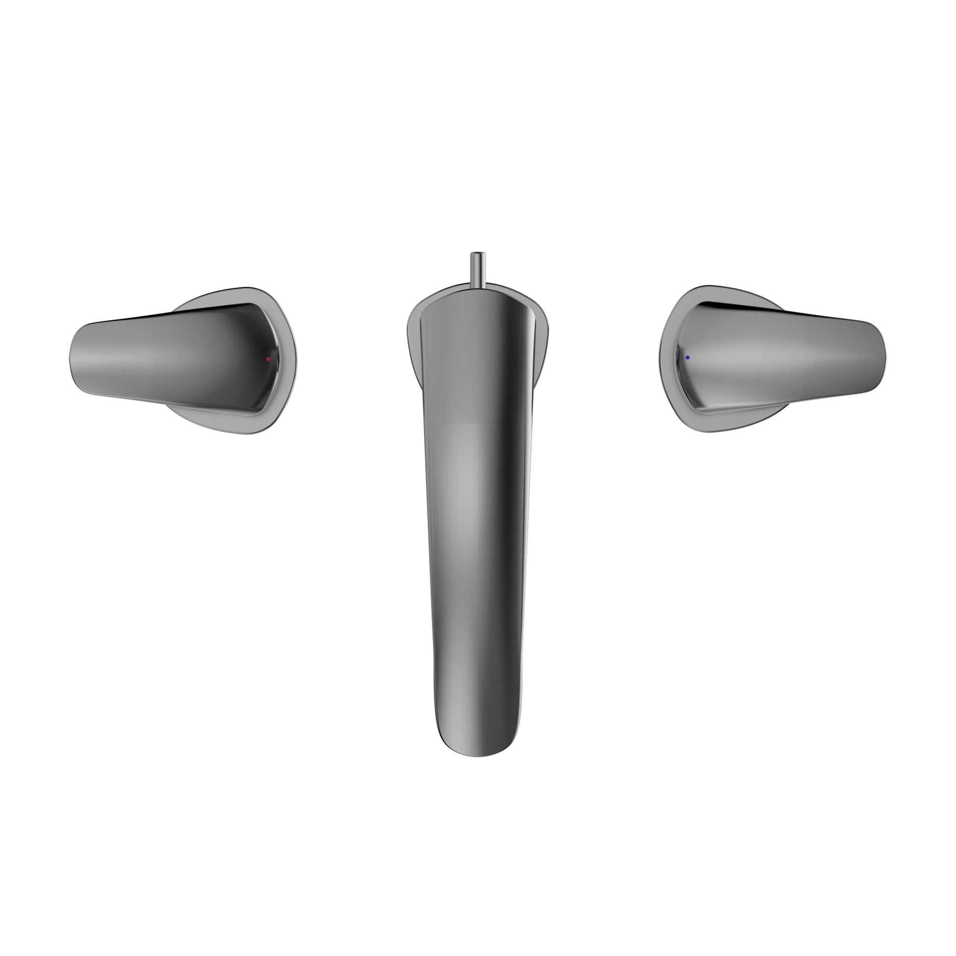 Polished chrome two-handle widespread bathroom sink faucet with cylindrical spout and lever handles.