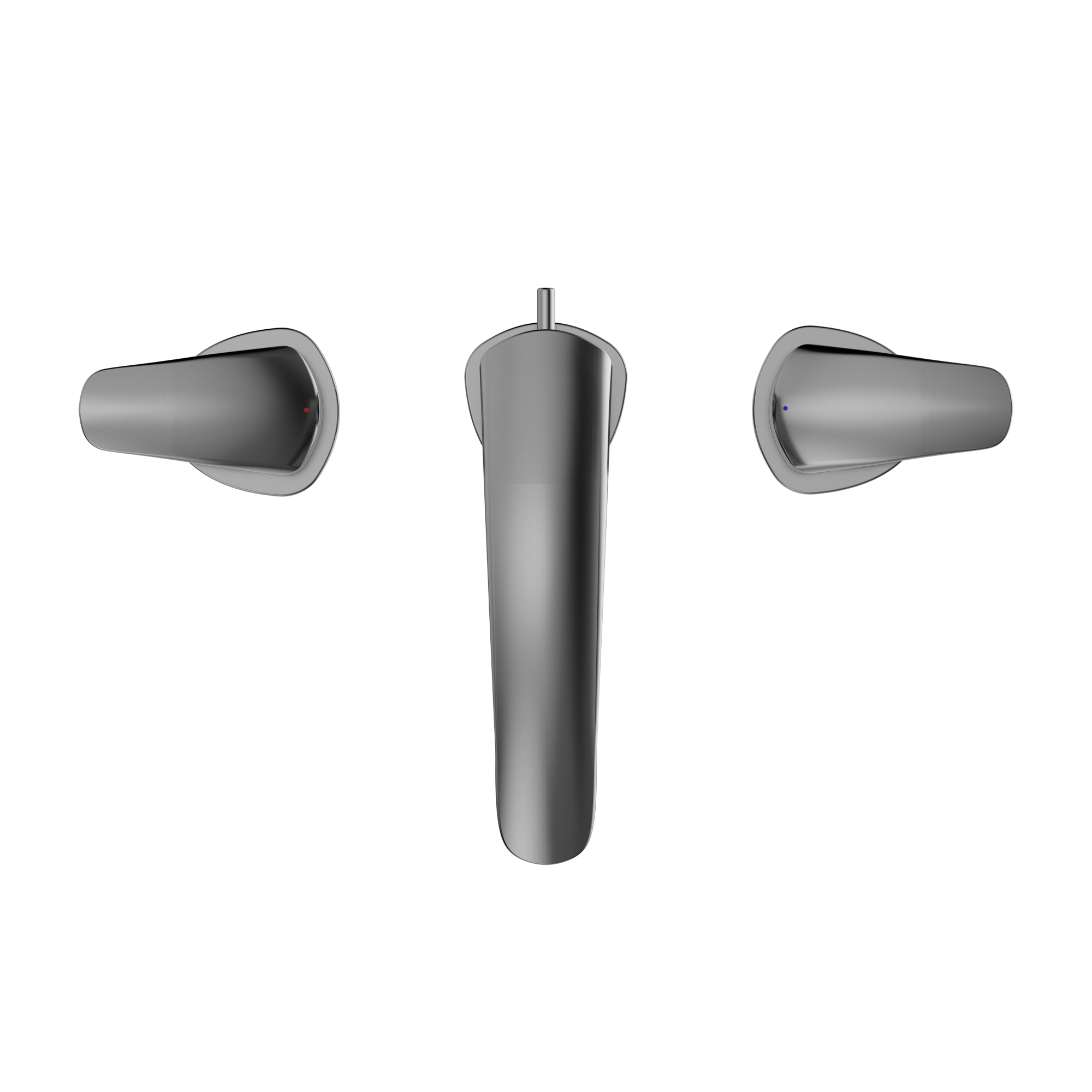 Polished chrome two-handle widespread bathroom sink faucet with cylindrical spout and lever handles.