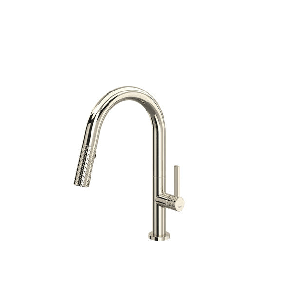 Polished nickel pull-down kitchen faucet with curved spout and single lever handle.