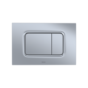 Matte silver rectangular dual flush push button plate with two separate buttons for toilet tank control.