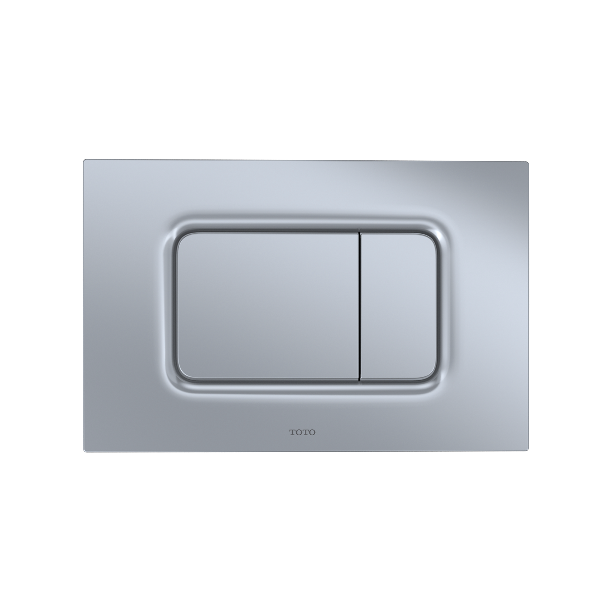 Matte silver rectangular dual flush push button plate with two separate buttons for toilet tank control.