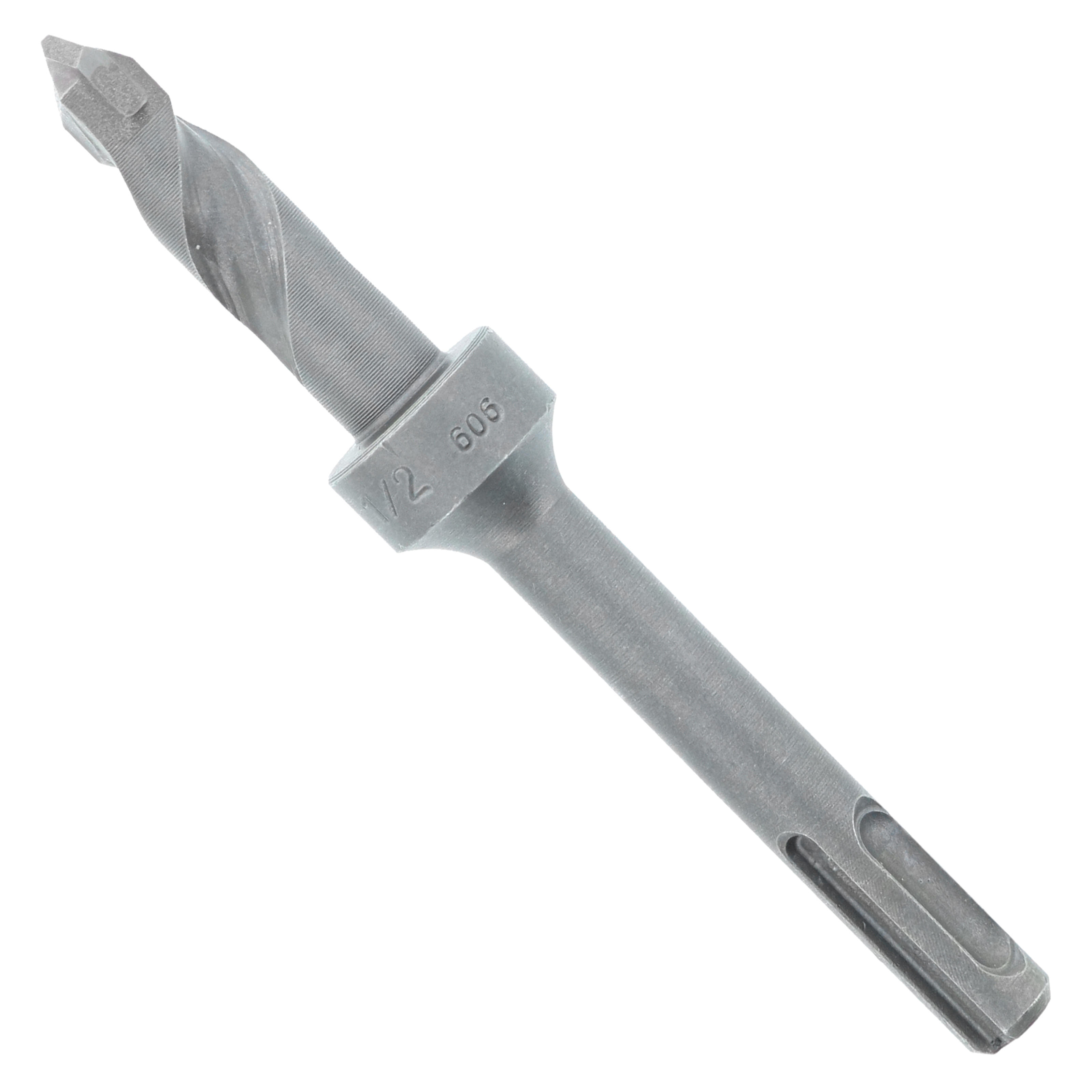 SDS-Plus masonry drill bit with 1/2 inch diameter and two cutting edges on gray shaft.