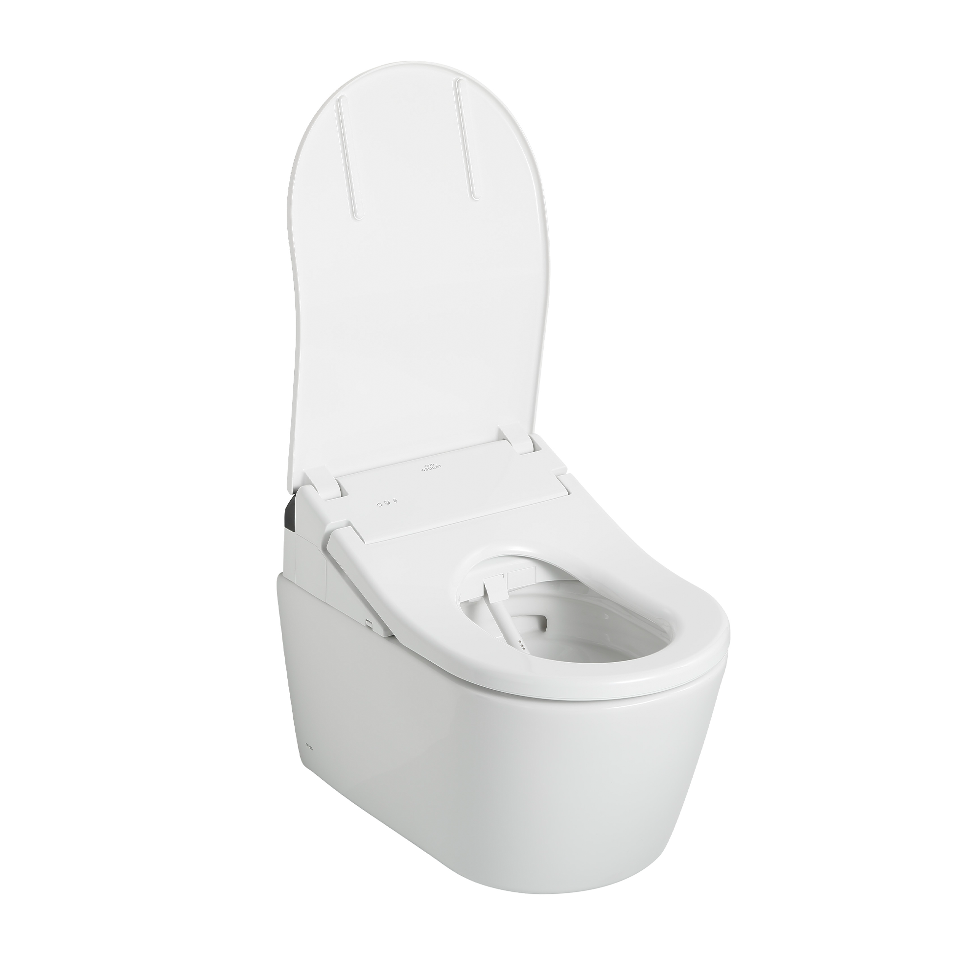 White electronic bidet toilet seat with D-shaped design, closed lid, and integrated control panel on the side.