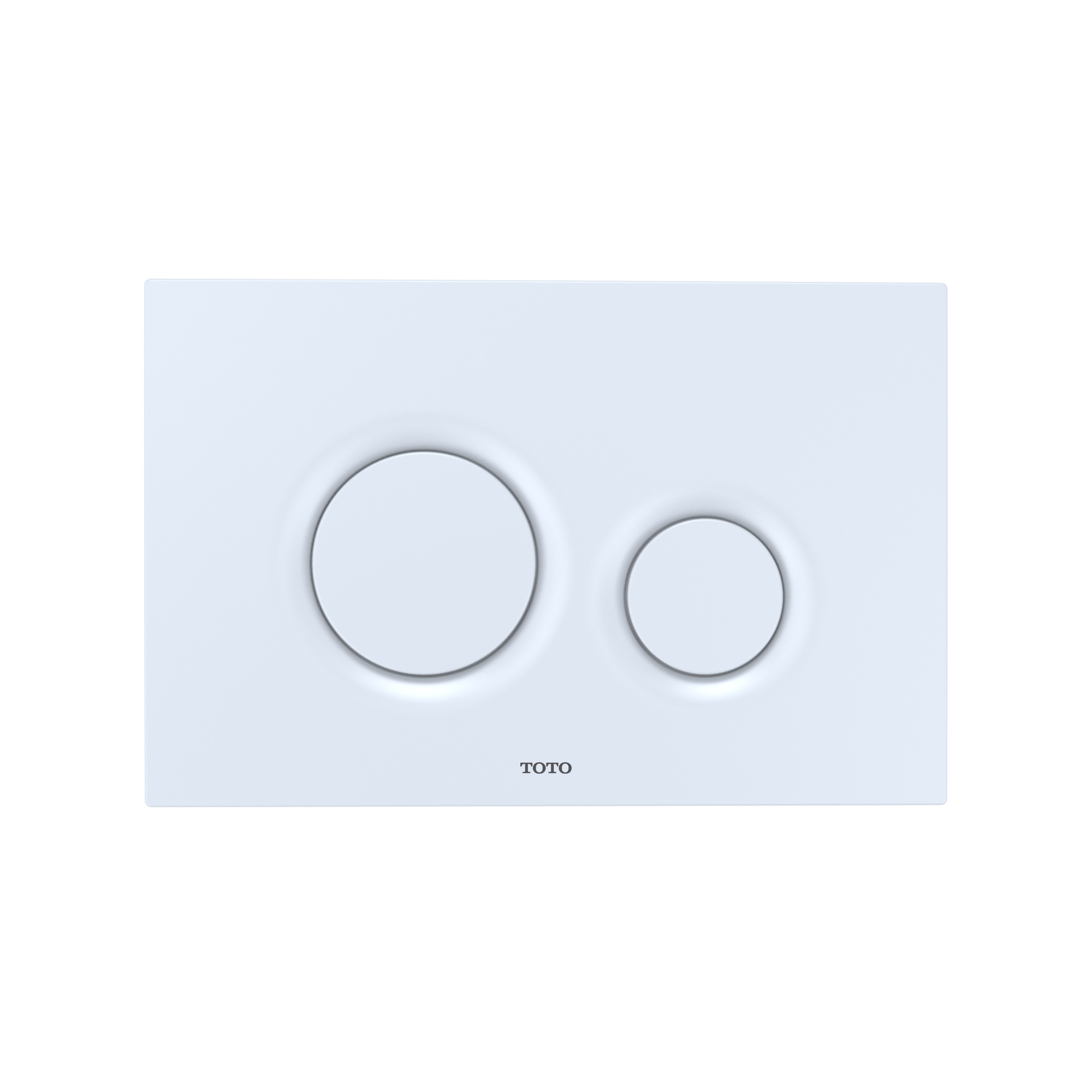 White Toto dual-flush wall-mounted toilet control plate with two circular buttons.