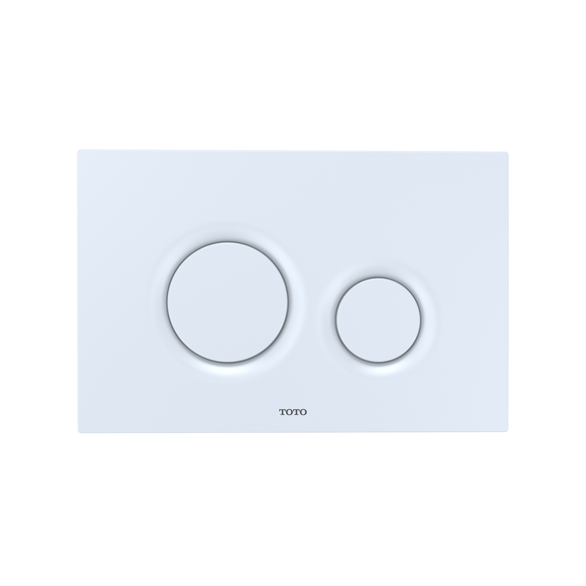 White matte rectangular flush plate with two round push buttons, larger on left and smaller on right, labeled TOTO.