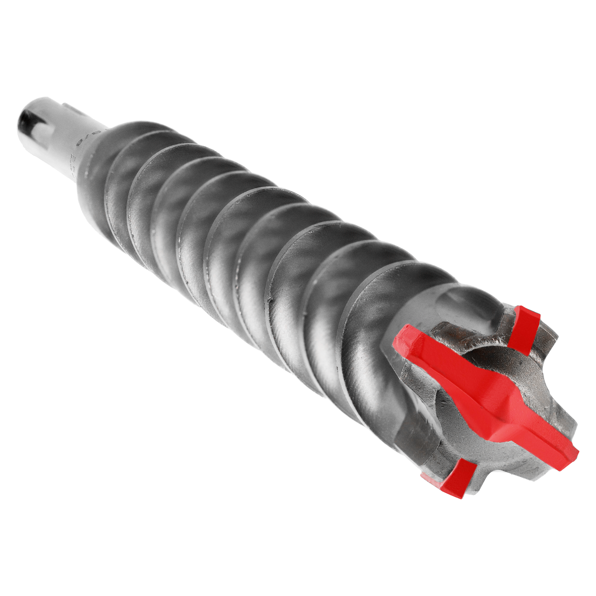 SDS-Max hammer drill bit with spiral flutes and four red carbide-tipped cutting edges for rebar drilling.