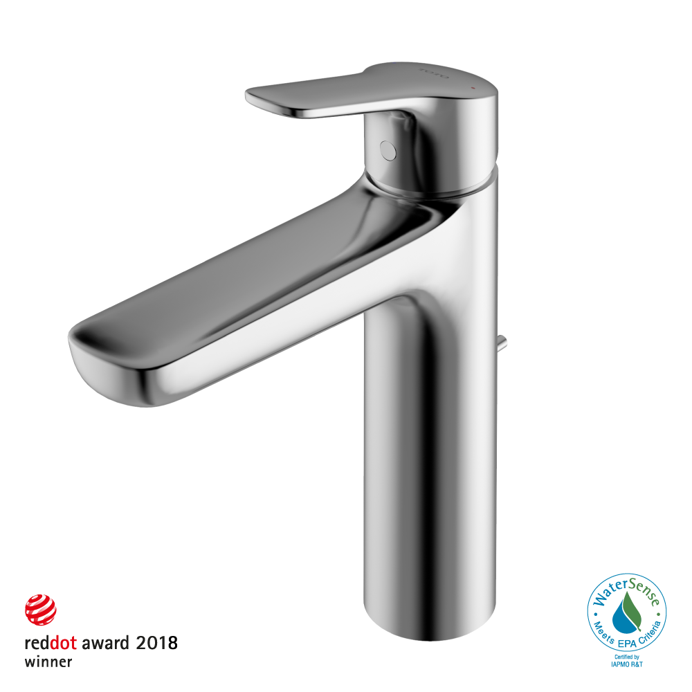 Polished chrome single handle bathroom sink faucet with curved spout and cylindrical base.