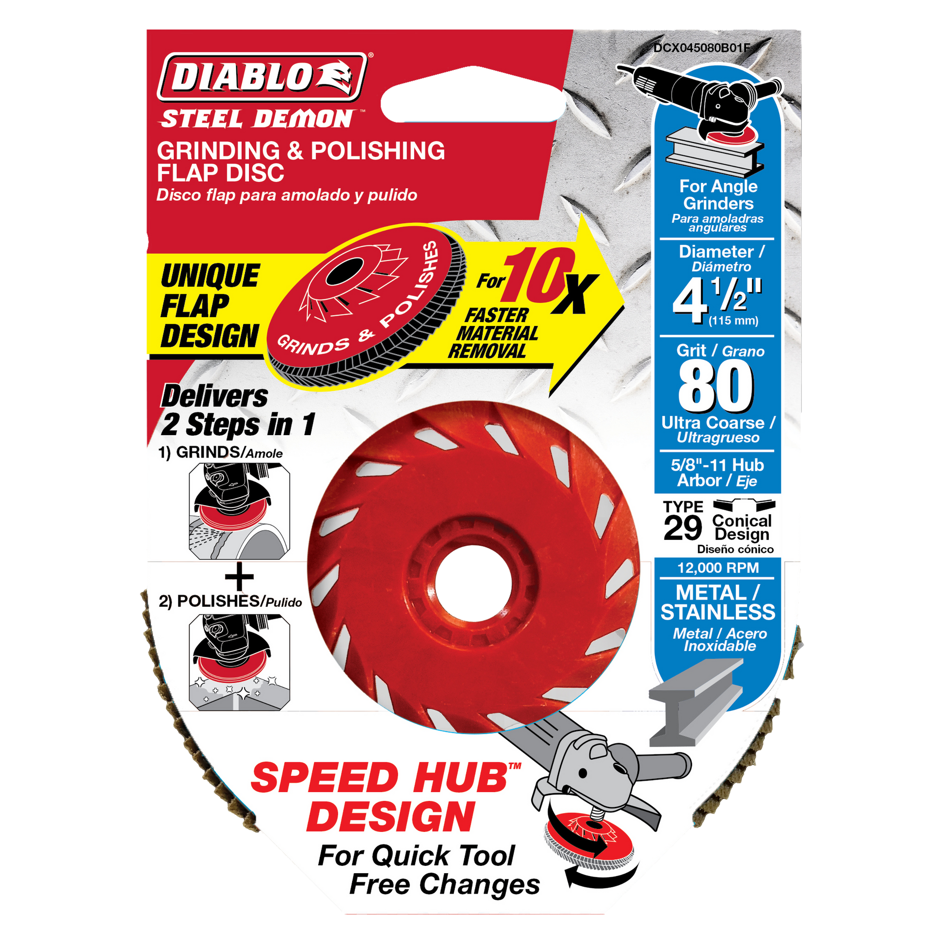 Red flap disc with white cutout pattern and conical design for angle grinders, 4-1/2 inch diameter, 80 grit.