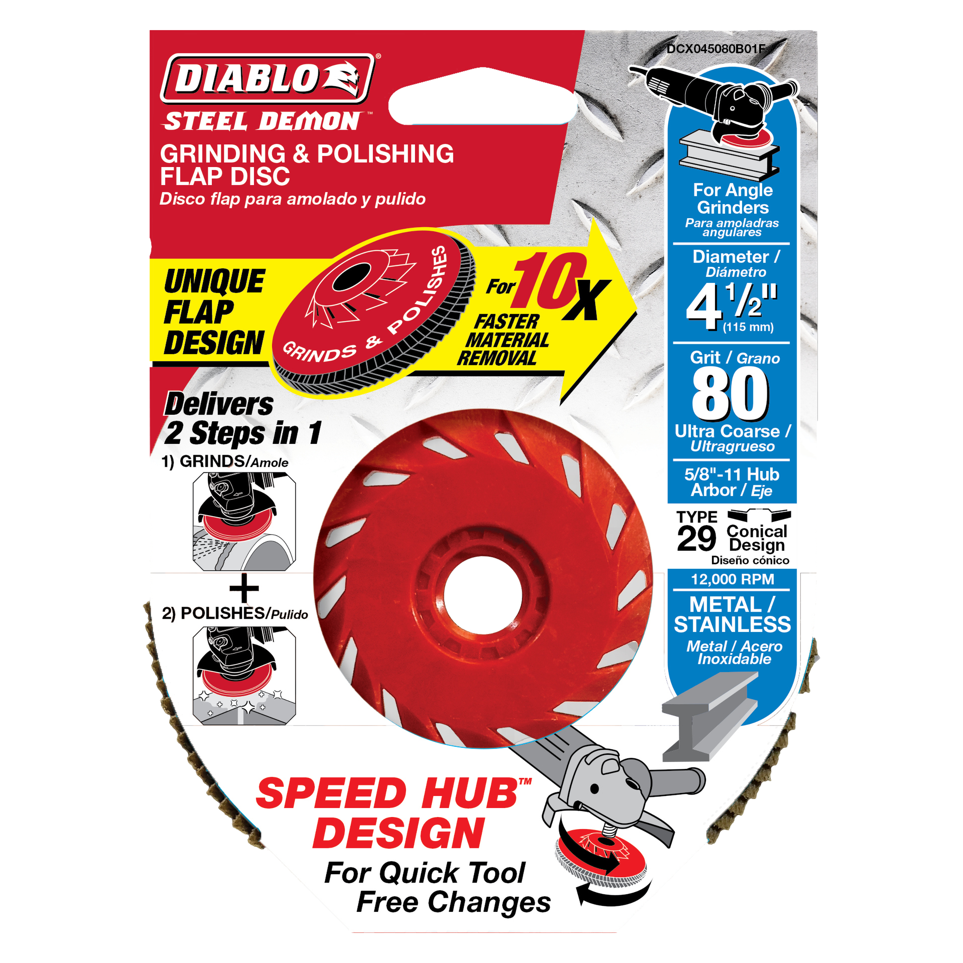 Red flap disc with white cutout pattern and conical design for angle grinders, 4-1/2 inch diameter, 80 grit.