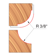 Cross-section diagram of router cutters showing convex and concave cutting profiles with R 3/8" radius specifications.