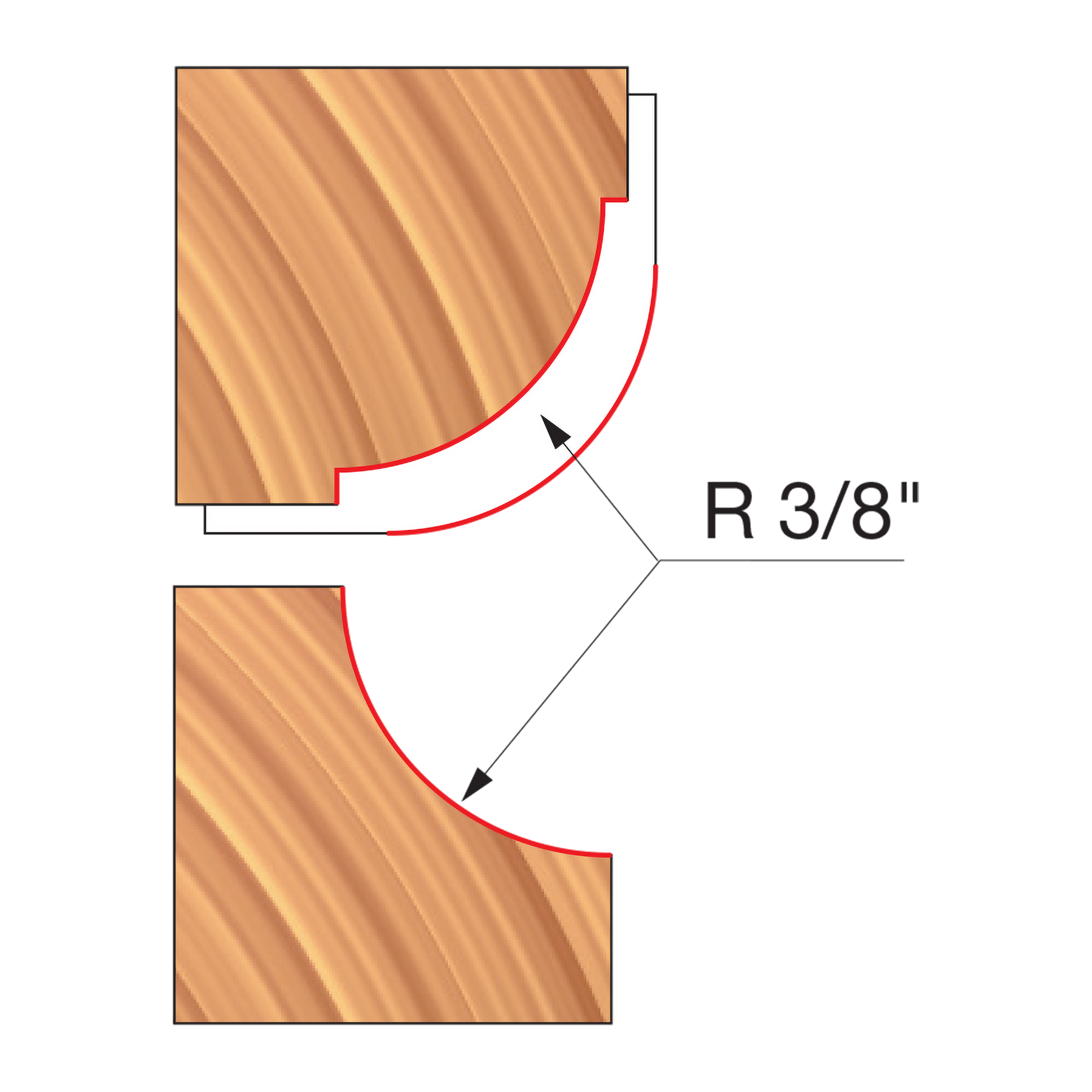 Cross-section diagram of router cutters showing convex and concave cutting profiles with R 3/8" radius specifications.