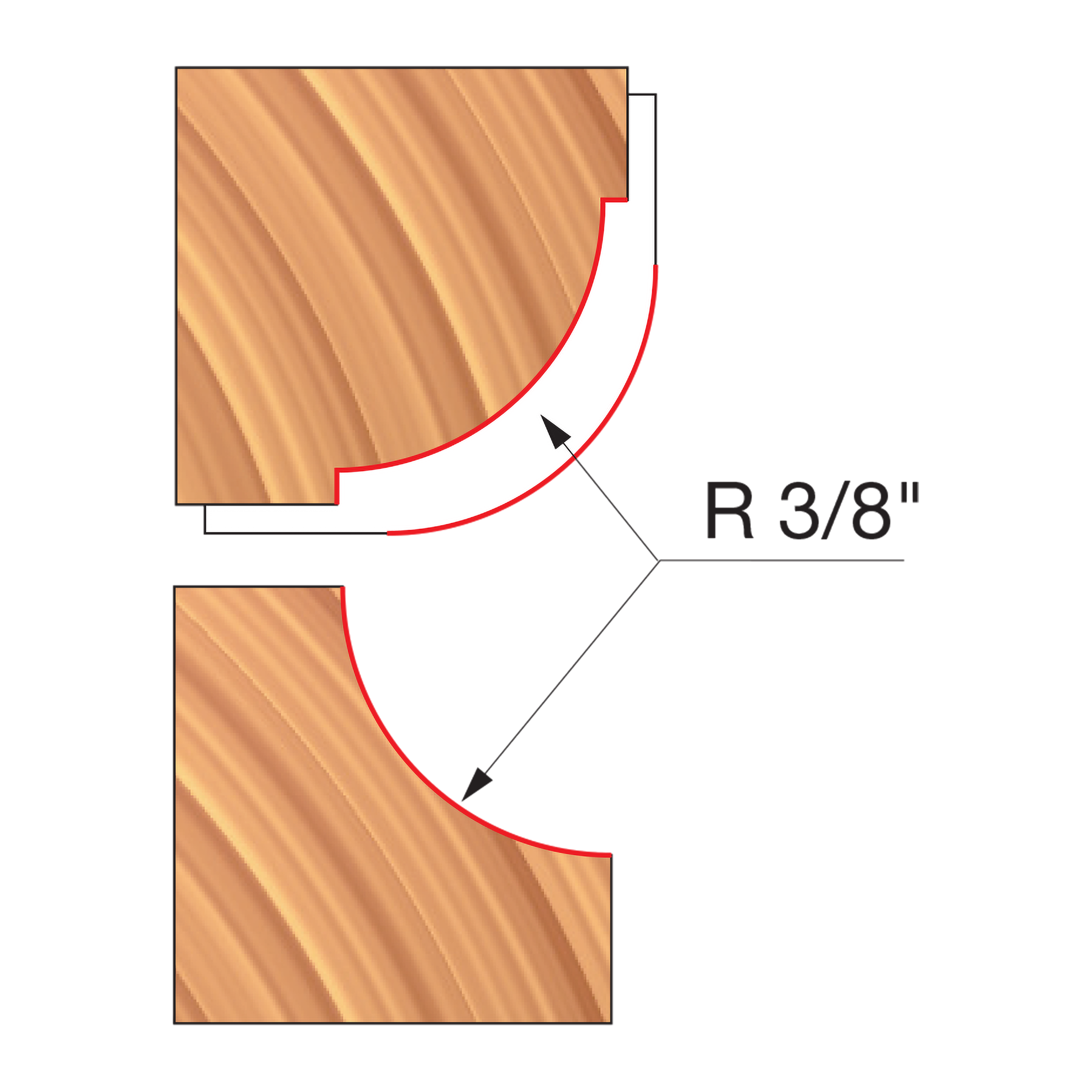 Cross-section diagram of router cutters showing convex and concave cutting profiles with R 3/8" radius specifications.