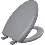 Elongated grey plastic toilet seat with soft-close hinge and mounting hardware visible on underside.