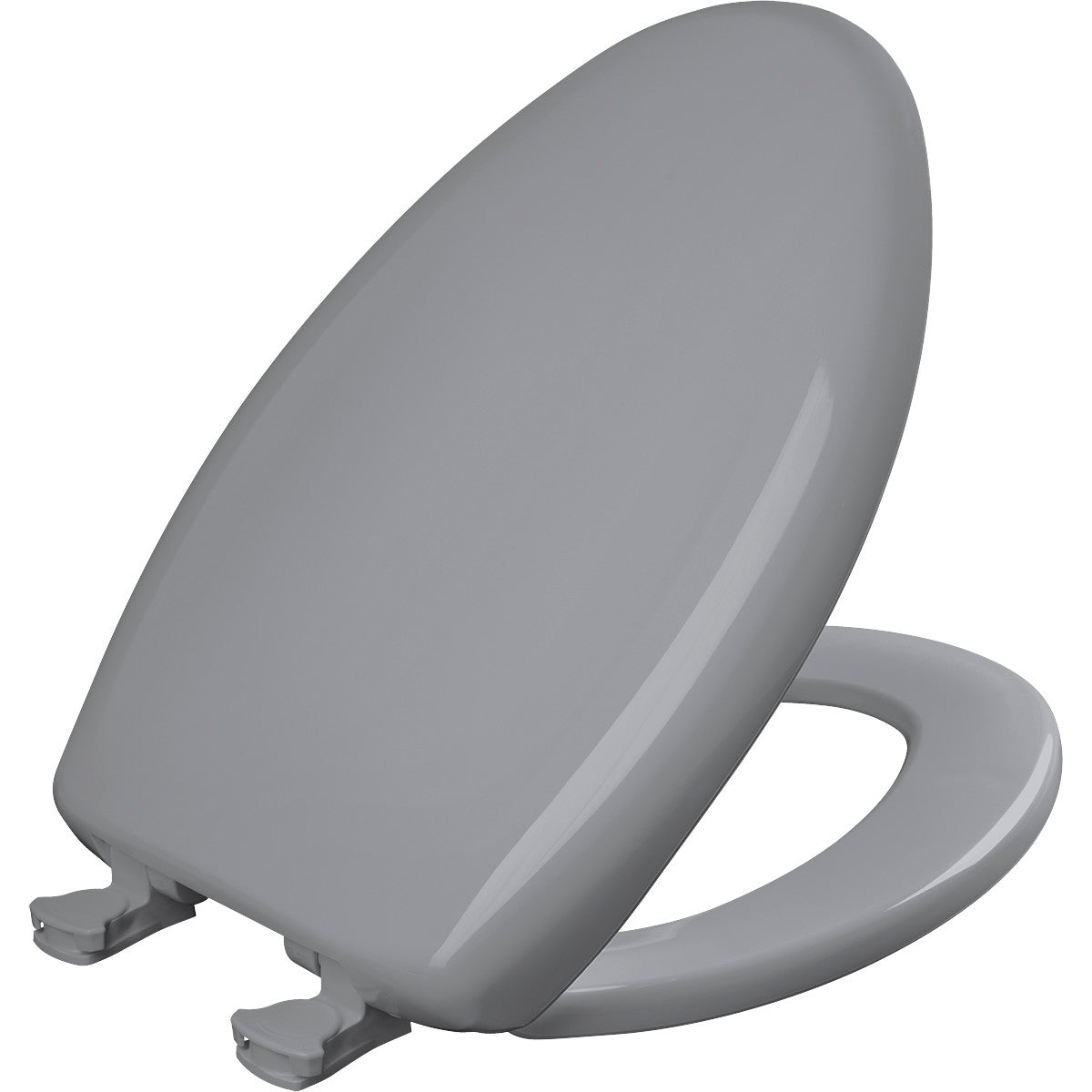 Elongated grey plastic toilet seat with soft-close hinge and mounting hardware visible on underside.