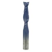 Dark blue spiral router bit with fluted cutting edges and metallic shank, 1/2 inch diameter up spiral design.