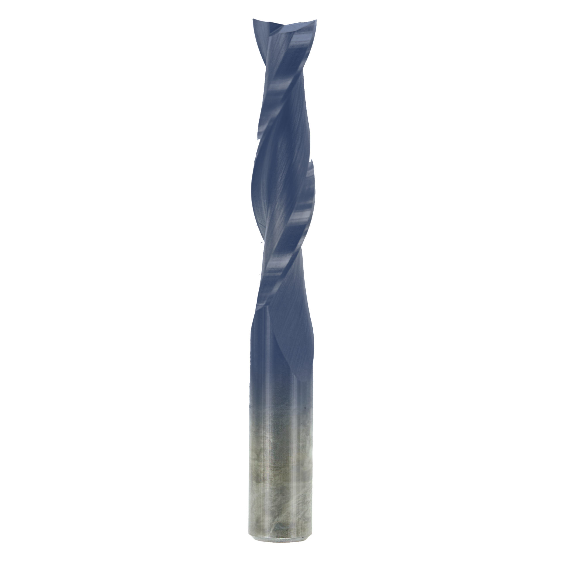 Dark blue spiral router bit with fluted cutting edges and metallic shank, 1/2 inch diameter up spiral design.