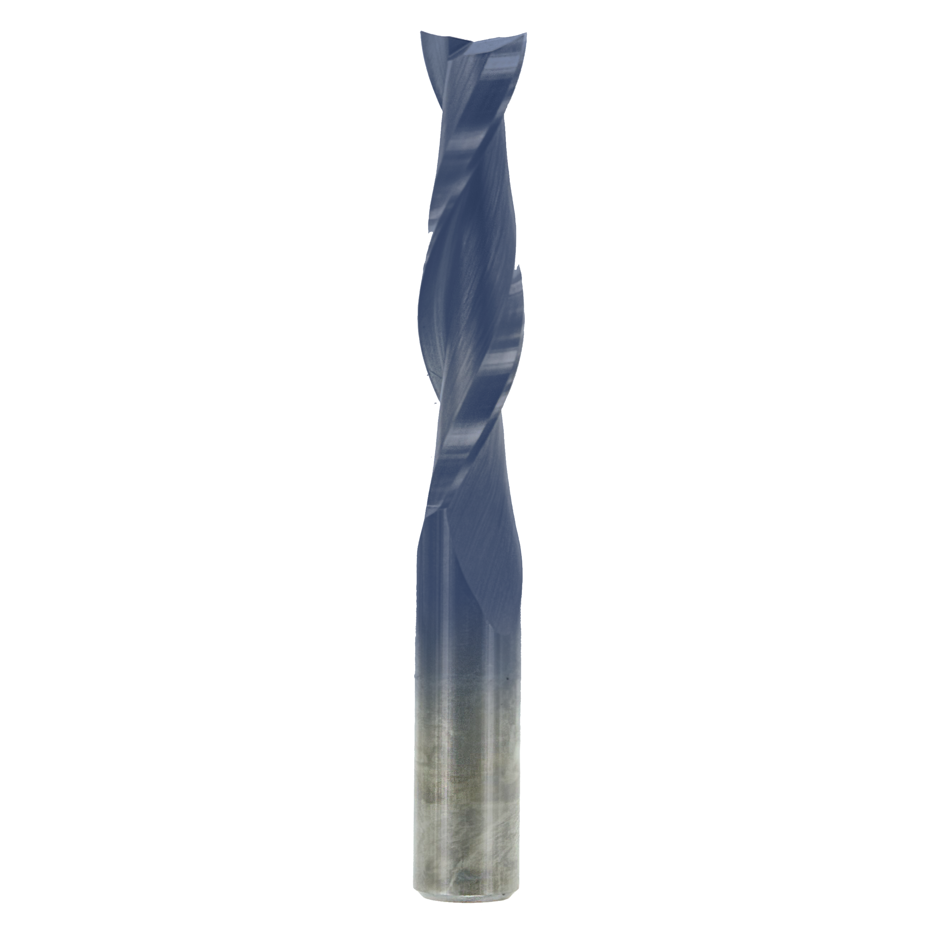 Dark blue spiral router bit with fluted cutting edges and metallic shank, 1/2 inch diameter up spiral design.