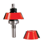 Freud rail and stile router bit with red cutting head, metal shaft, and bearing assembly; separate red bit head shown.