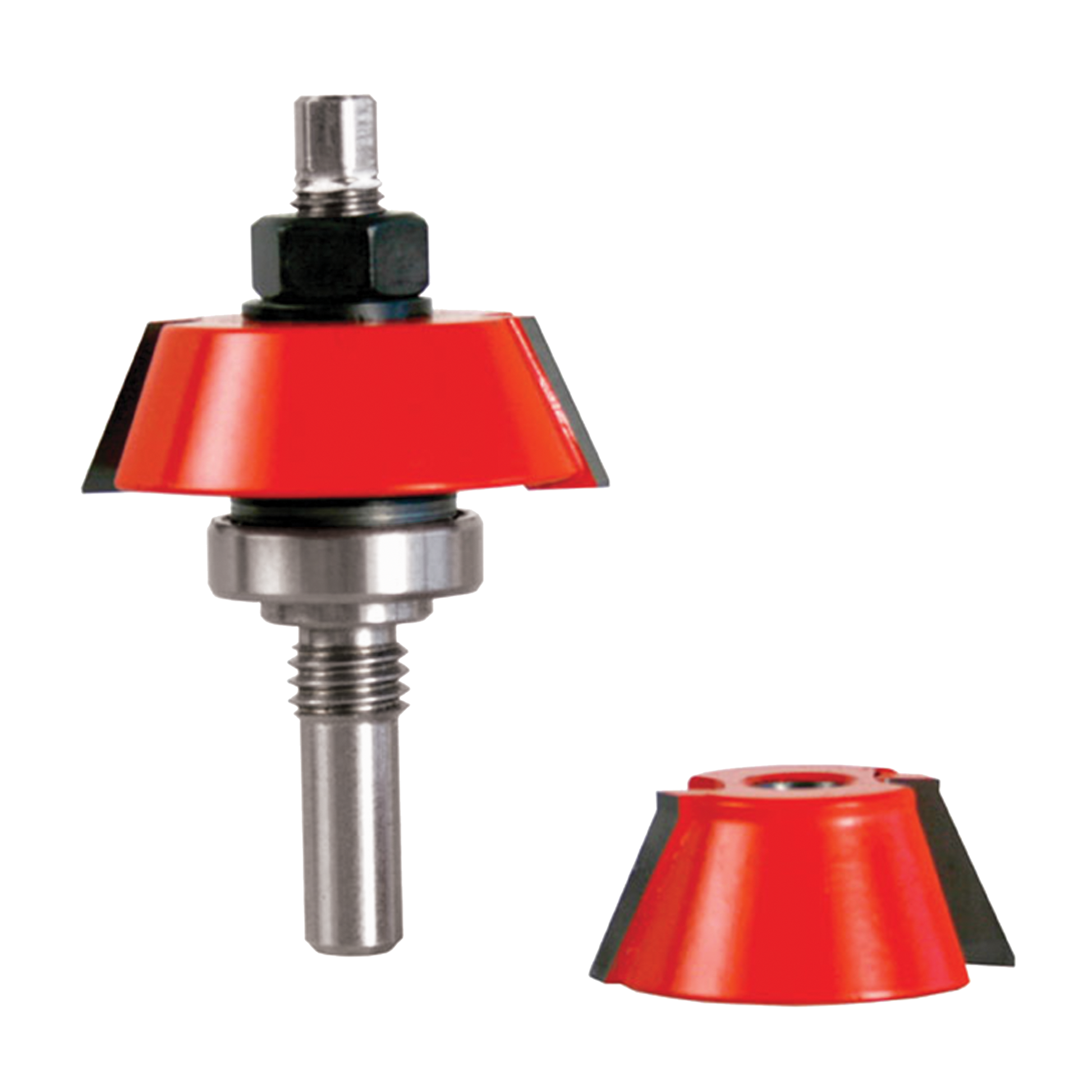 Freud rail and stile router bit with red cutting head, metal shaft, and bearing assembly; separate red bit head shown.
