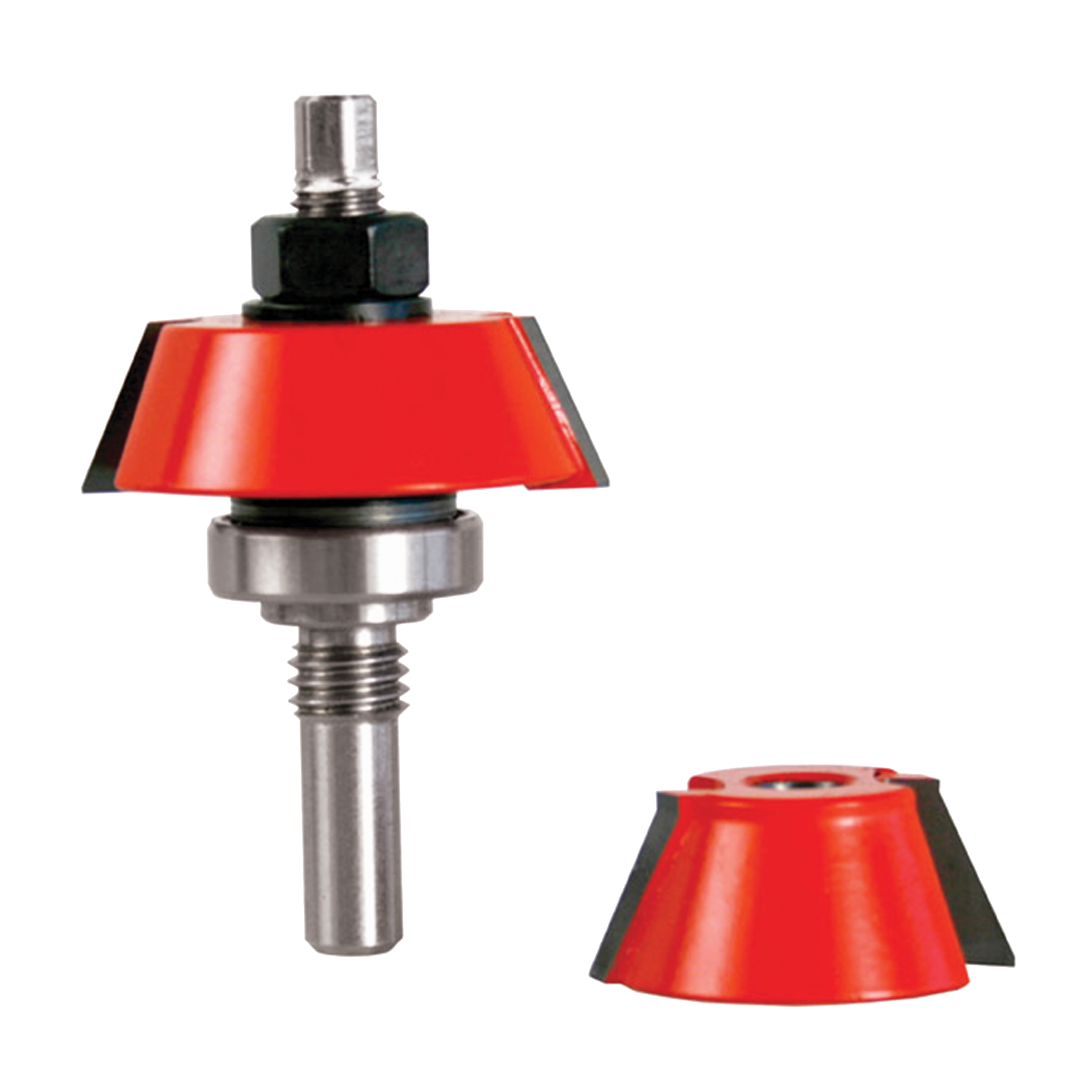 Freud rail and stile router bit with red cutting head, metal shaft, and bearing assembly; separate red bit head shown.