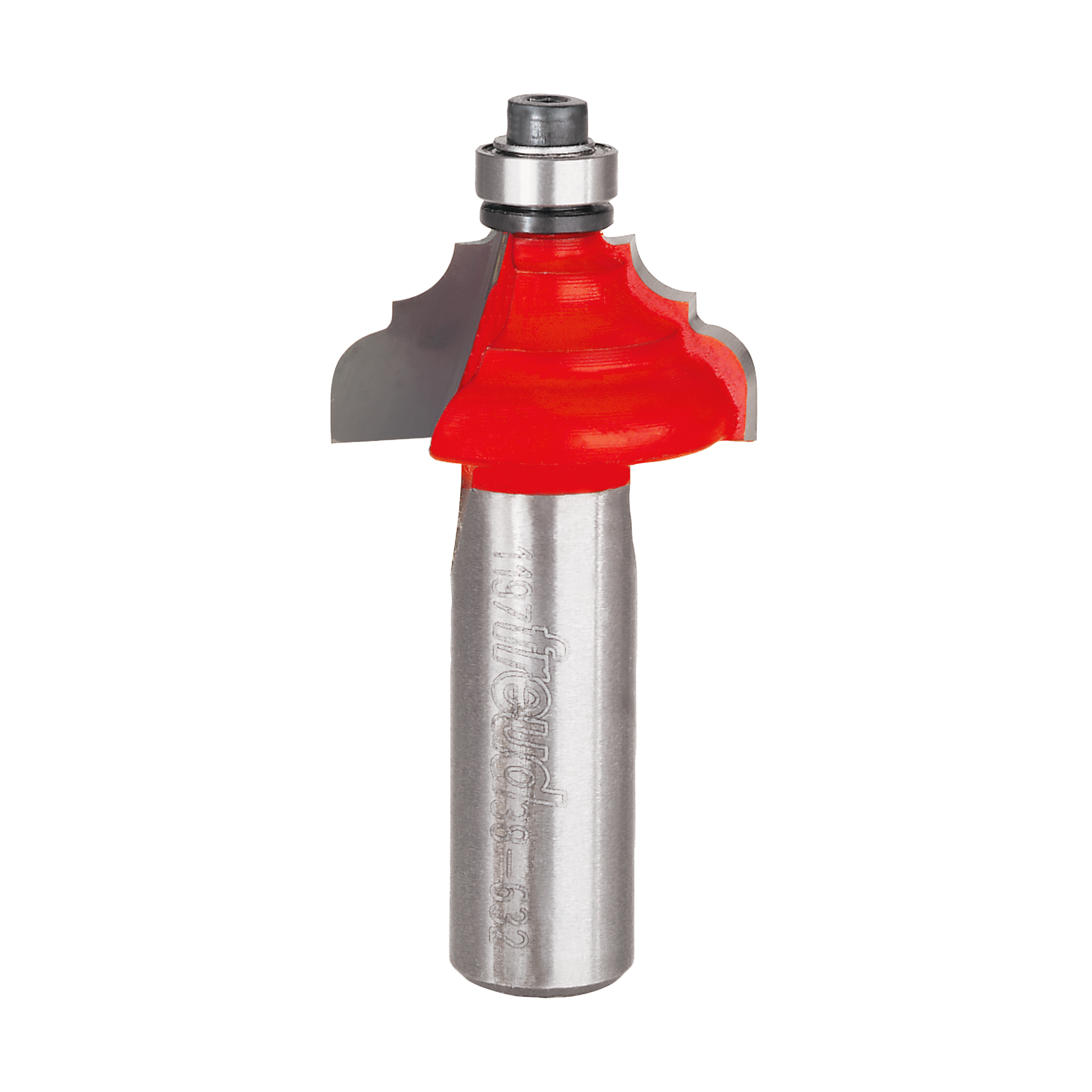 Freud classical cove and round router bit with red cutting head and metal shank.