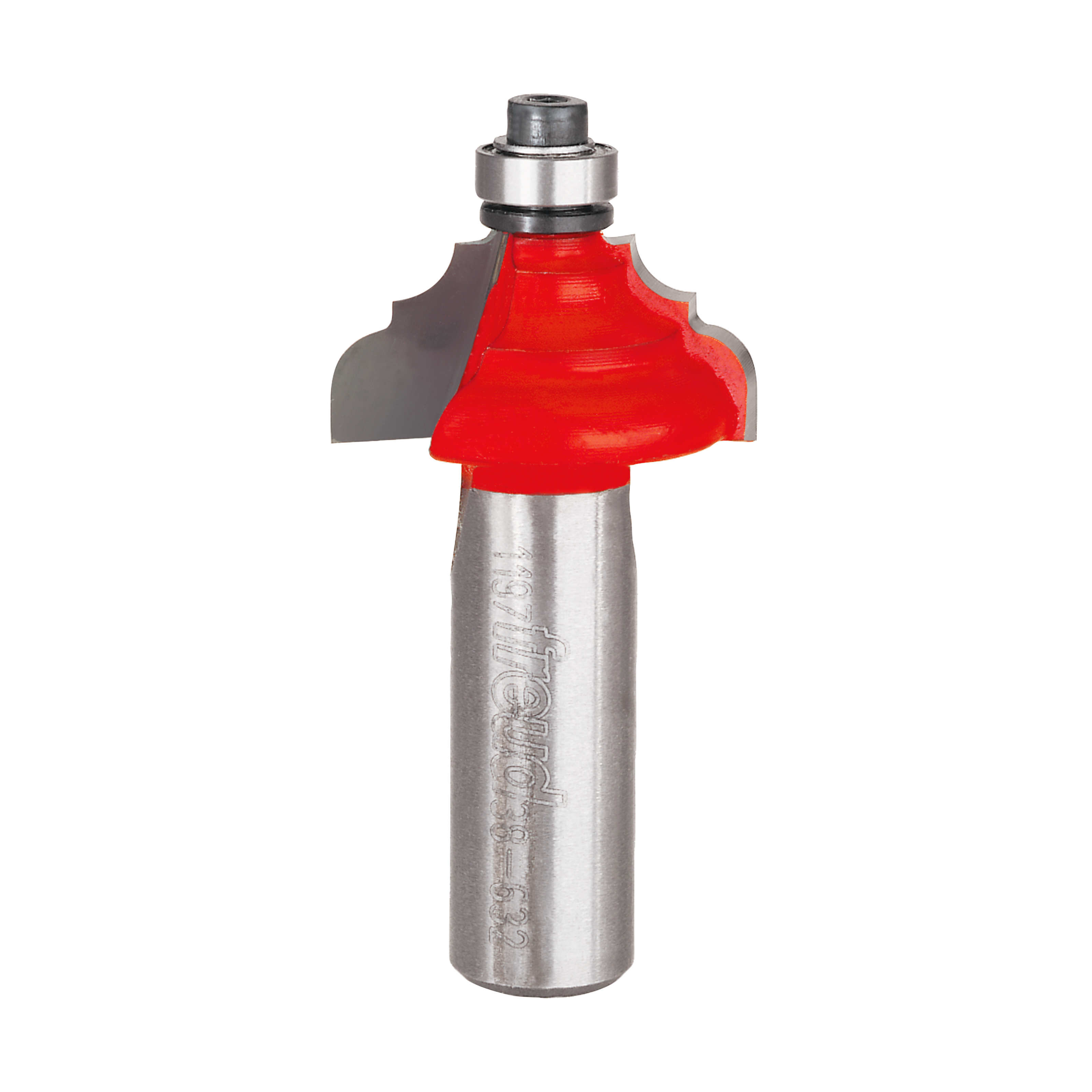 Freud classical cove and round router bit with red cutting head and metal shank.
