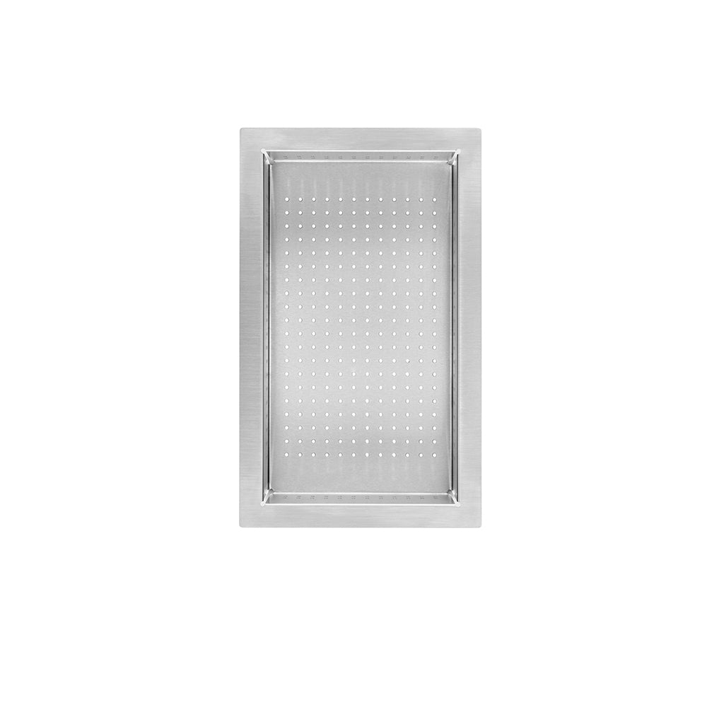 Stainless steel colander with perforated surface and raised rim, rectangular shape.