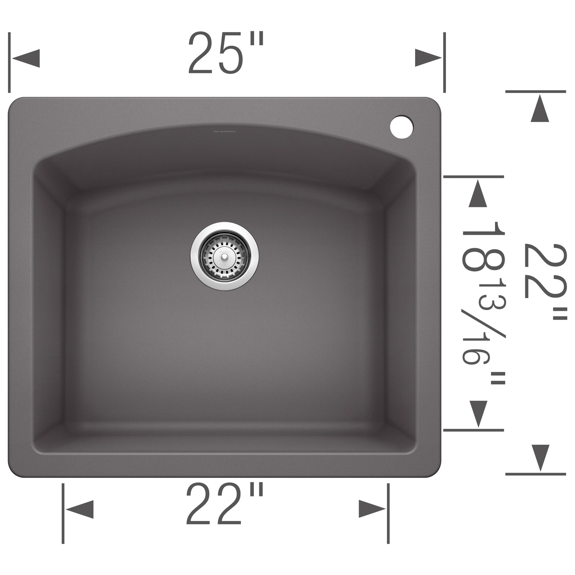 Cinder-colored single bowl drop-in sink with chrome drain fixture and rounded corners, 25" width x 22" depth.