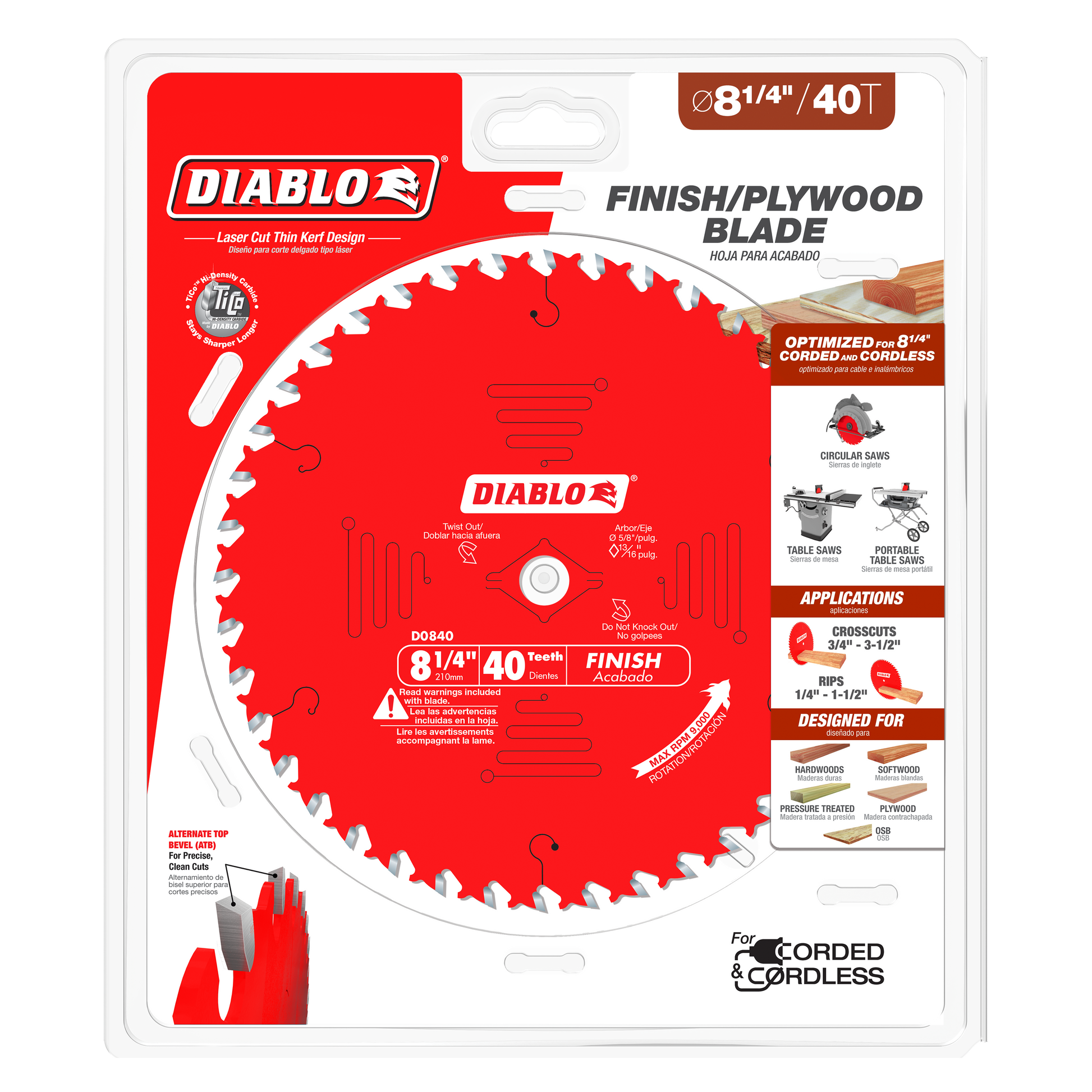 Diablo 8-1/4 inch, 40-tooth circular saw blade with red body and white teeth in clear packaging.