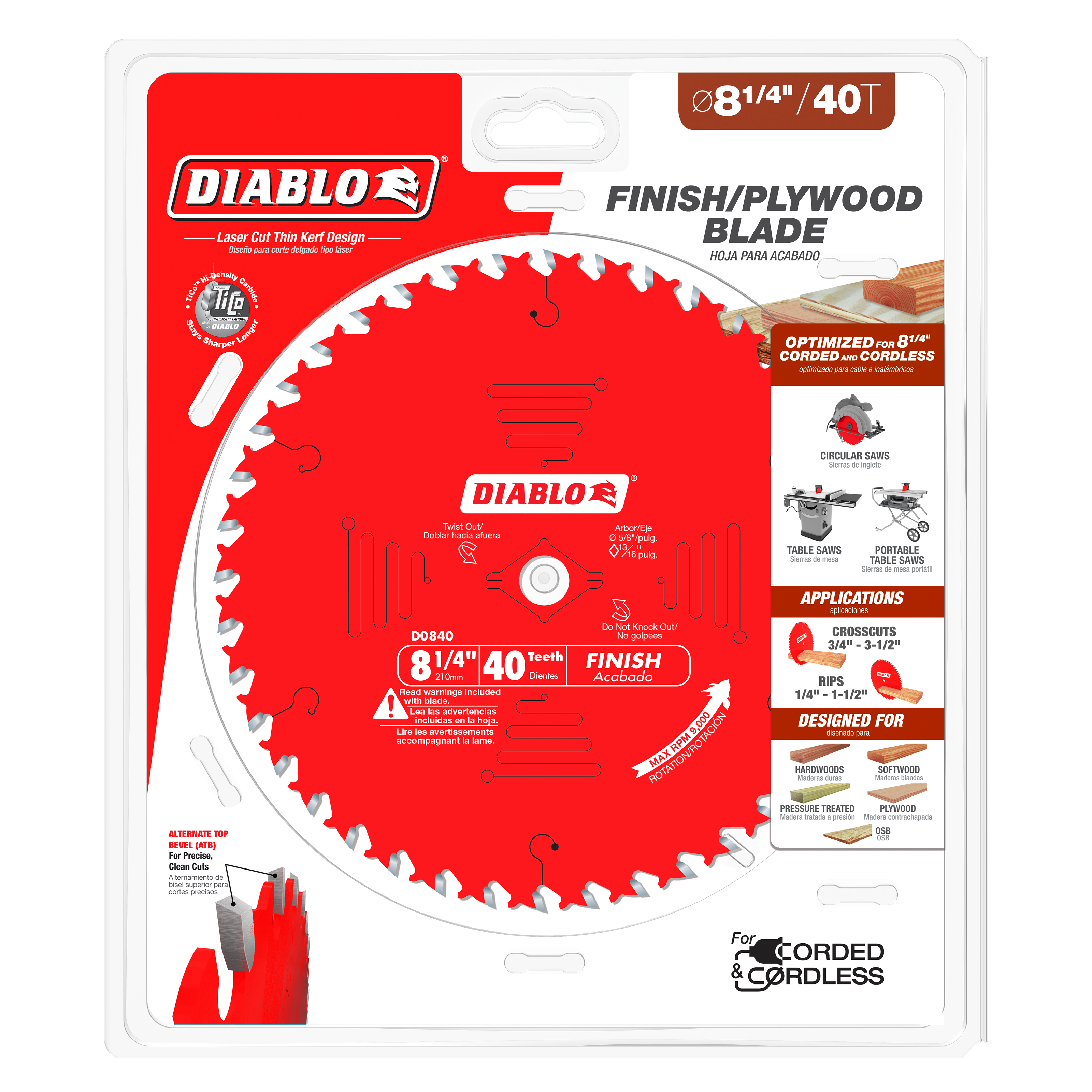Diablo 8-1/4 inch, 40-tooth circular saw blade with red body and white teeth in clear packaging.