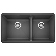 Anthracite double-bowl undermount kitchen sink with two circular drains and rounded corners.