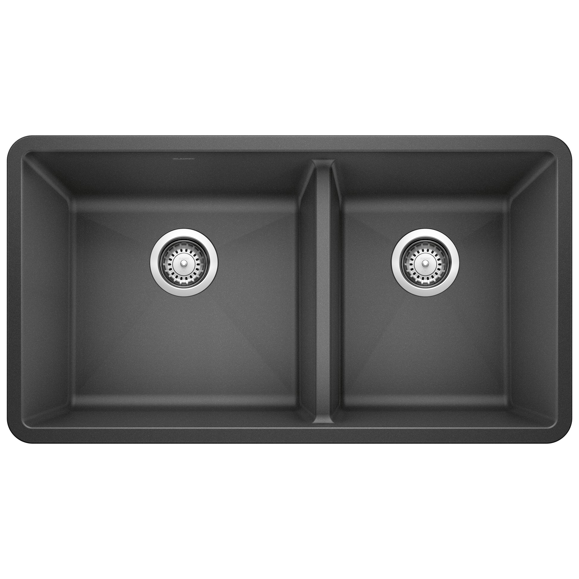 Anthracite double-bowl undermount kitchen sink with two circular drains and rounded corners.