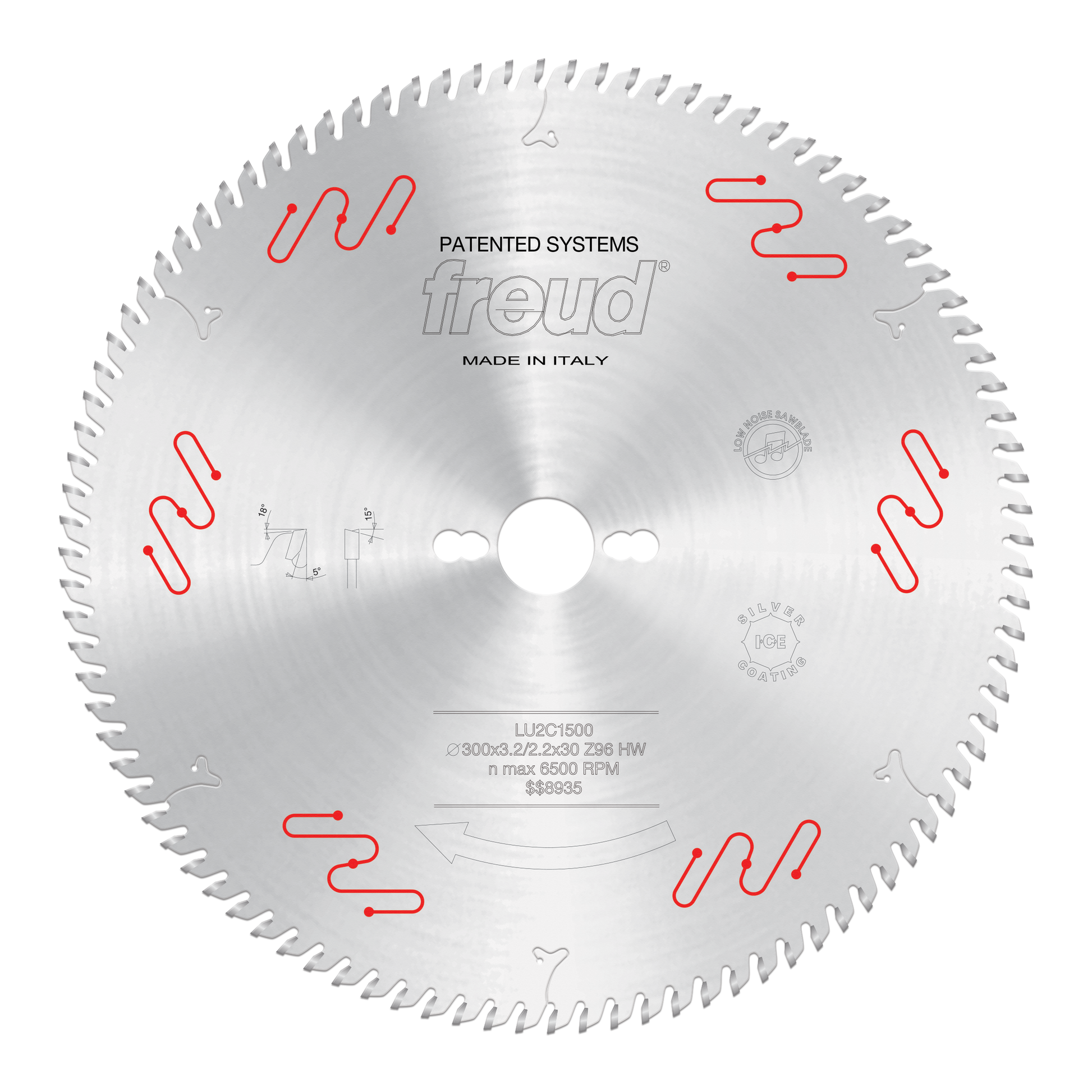 Circular saw blade with carbide-tipped teeth, center hole, and Freud branding on silver steel surface.