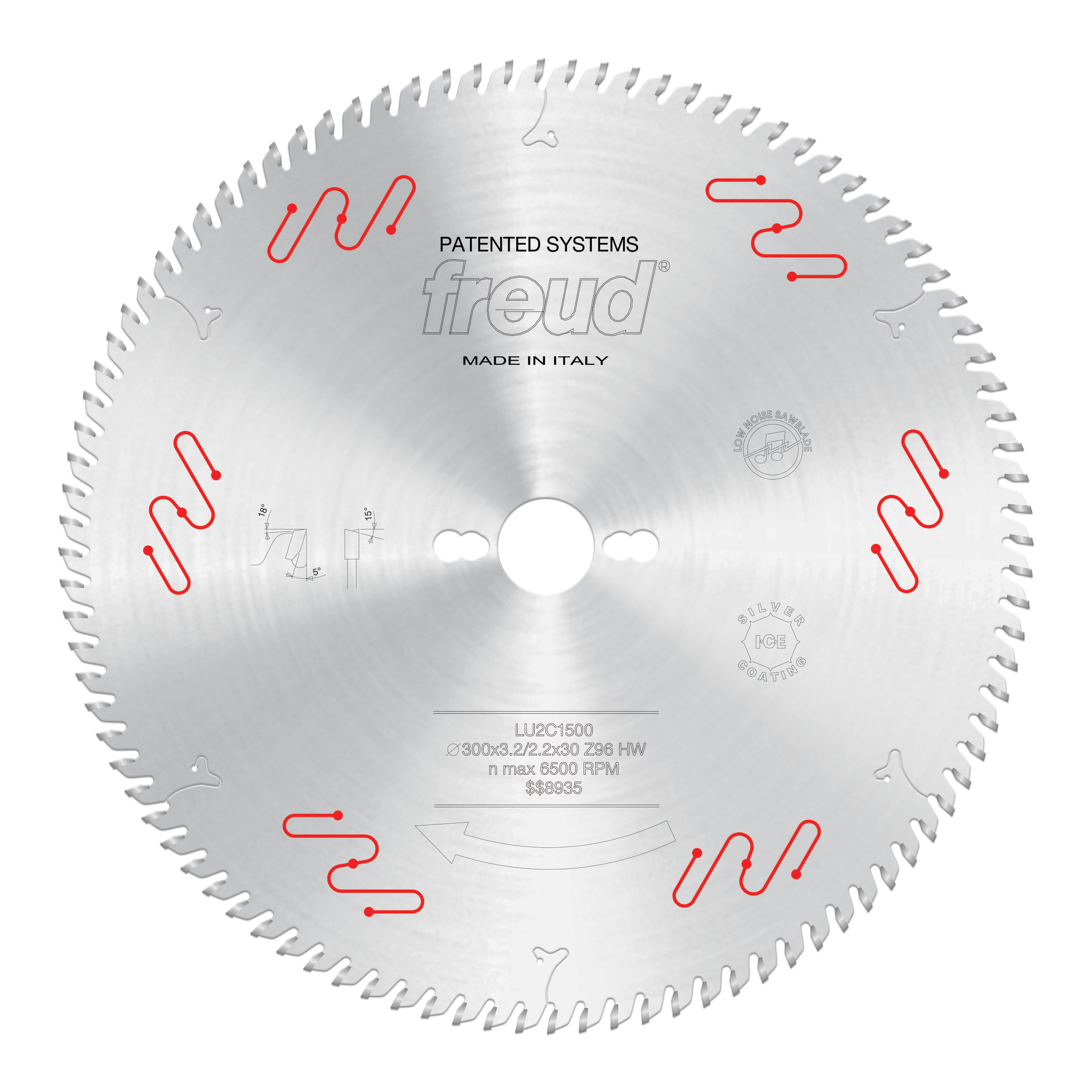 Circular saw blade with carbide-tipped teeth, center hole, and Freud branding on silver steel surface.