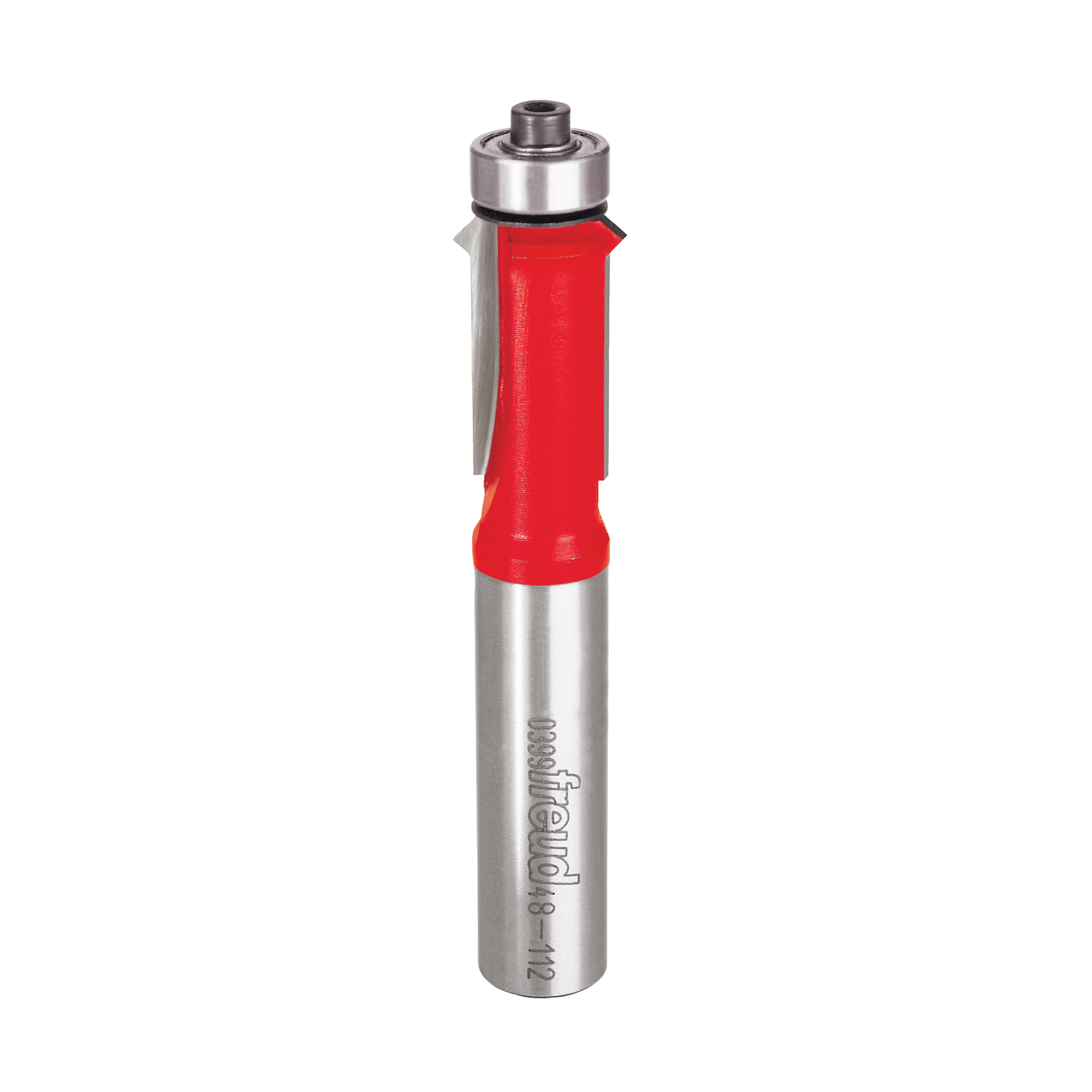 Freud flush trim V groove router bit with red plastic handle and metal shaft, model 48-112.