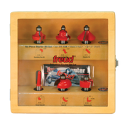Six red router bits with 1/2" shanks displayed in a tan wooden case with metal base collars.