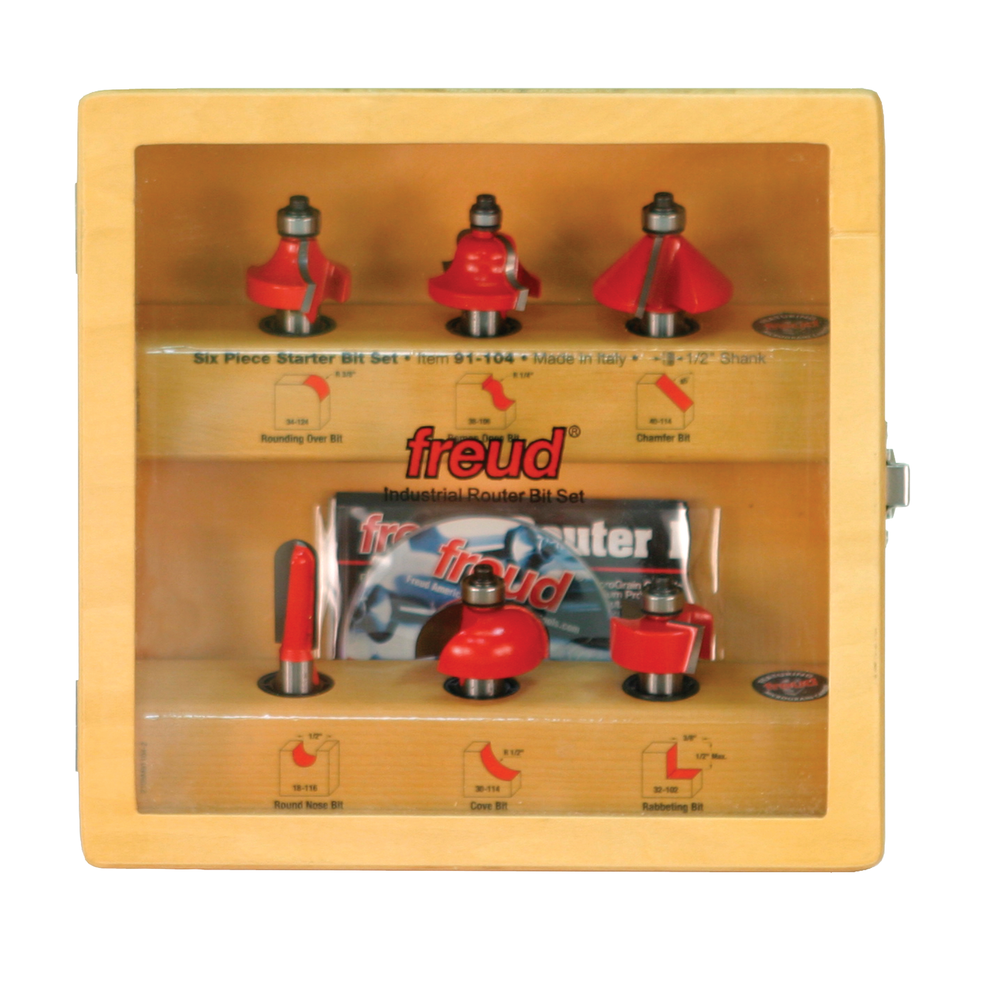 Six red router bits with 1/2" shanks displayed in a tan wooden case with metal base collars.