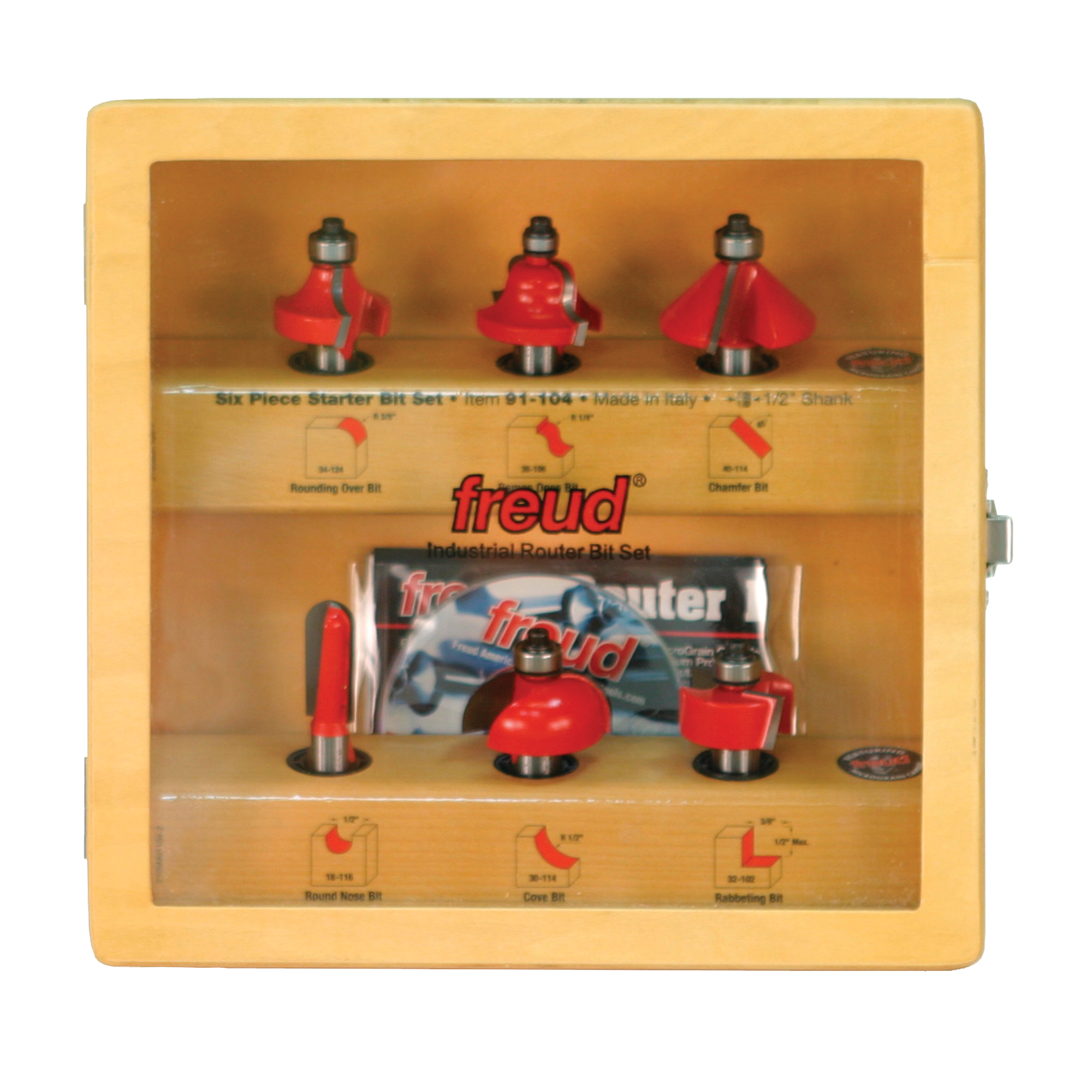Six red router bits with 1/2" shanks displayed in a tan wooden case with metal base collars.
