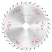 Freud 220mm carbide-tipped circular saw blade with silver coating and red wavy markings around perimeter.