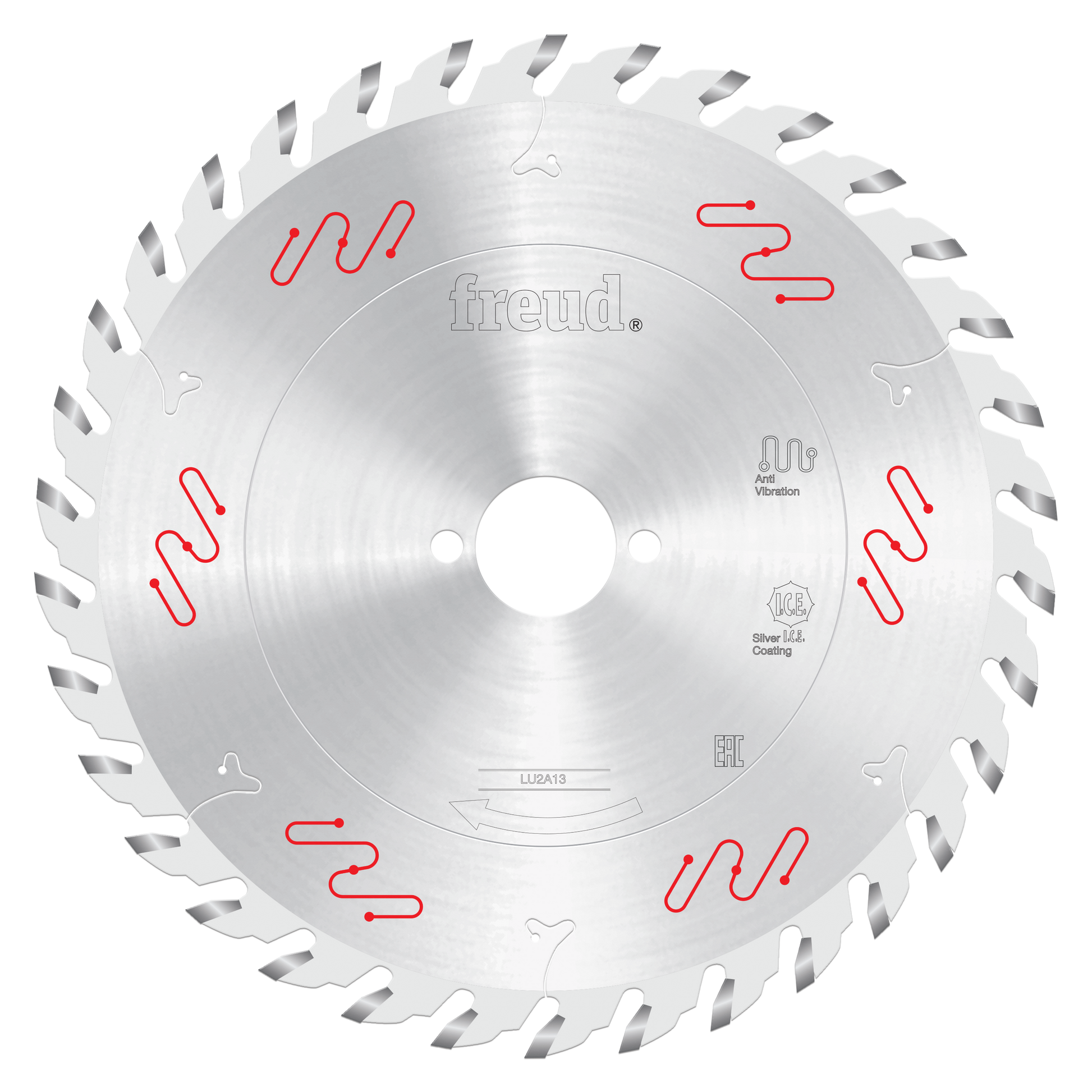 Freud 220mm carbide-tipped circular saw blade with silver coating and red wavy markings around perimeter.