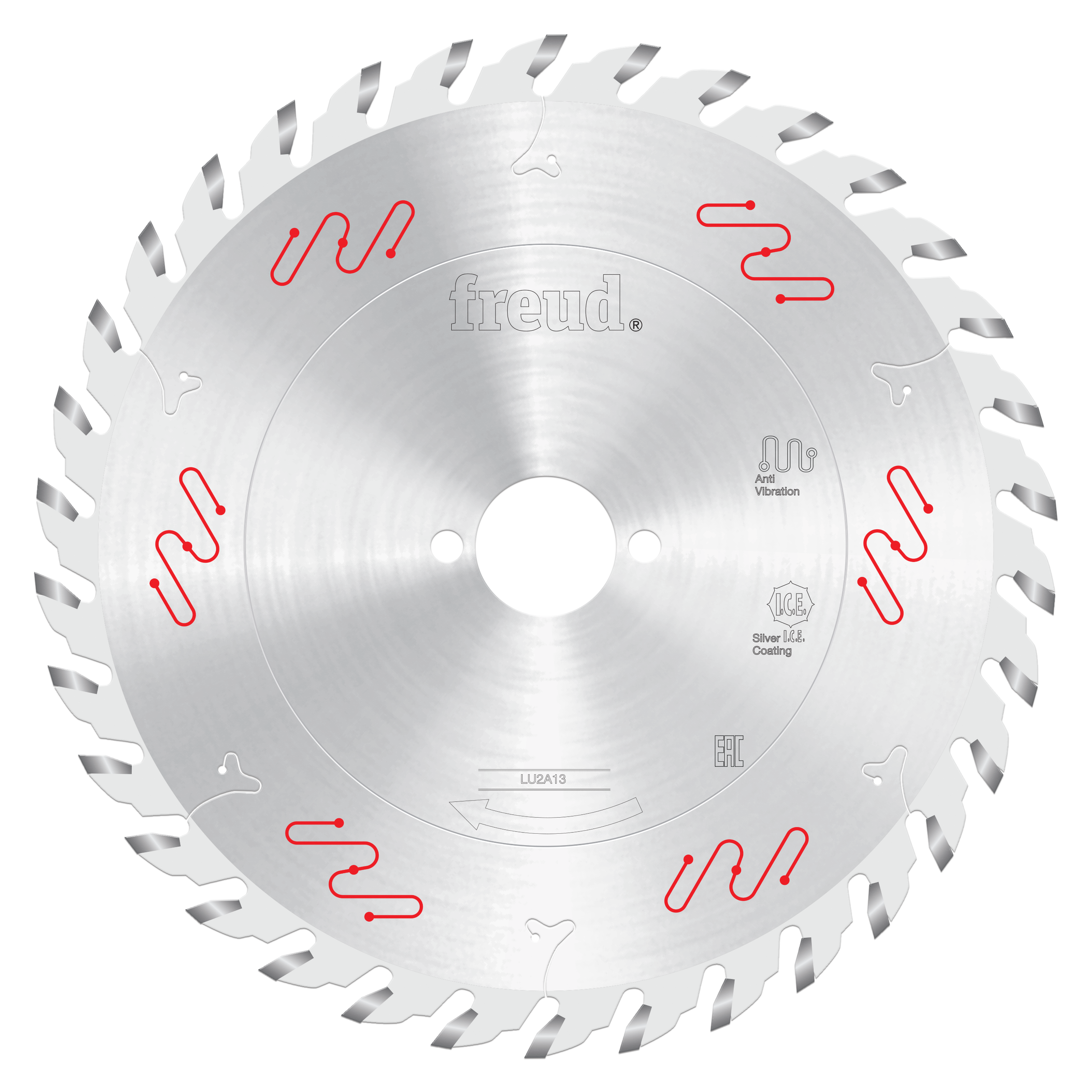 Freud 220mm carbide-tipped circular saw blade with silver coating and red wavy markings around perimeter.