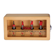 Four router bits with red cutting heads and 1/2" shanks displayed in wooden case with black bases.